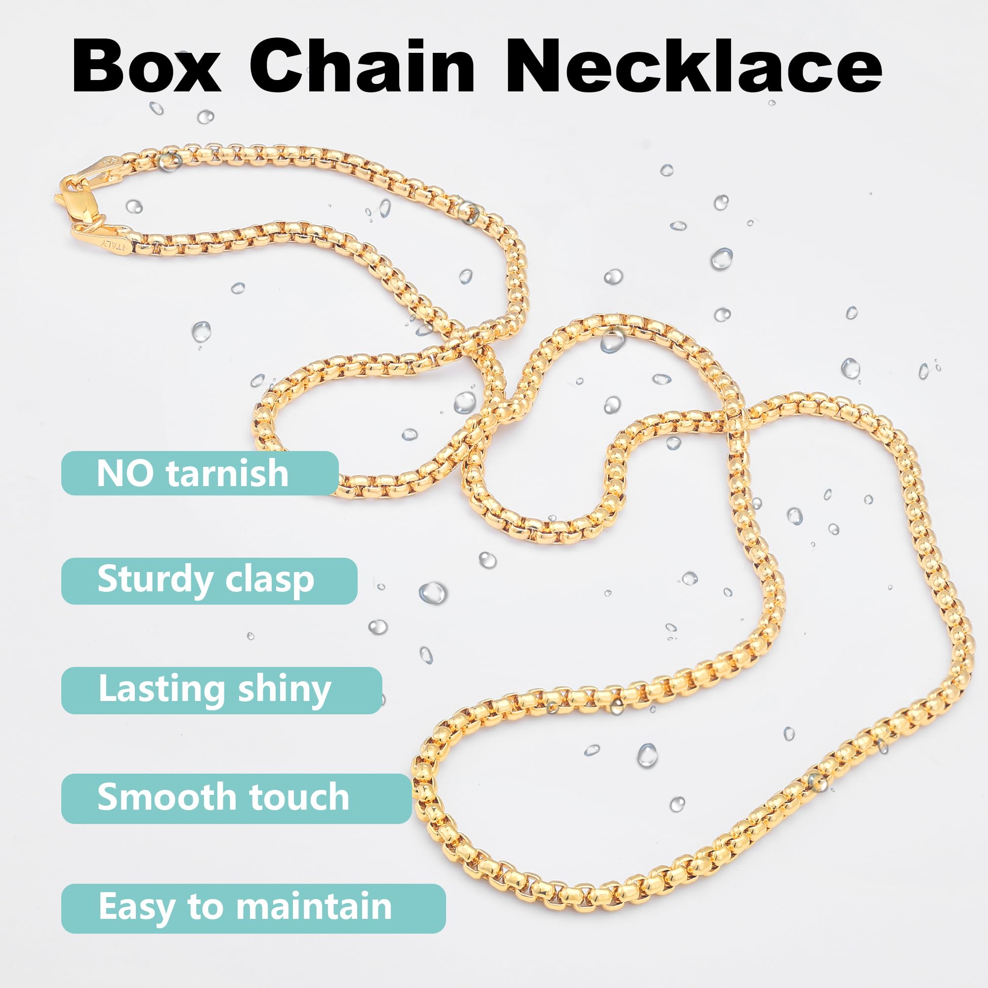 Waitsoul 925 Sterling Silver Box Chain Lobster Clasp 3mm Gold Chain for Women Men Gold Necklace Chain 16-30 Inches (18)
