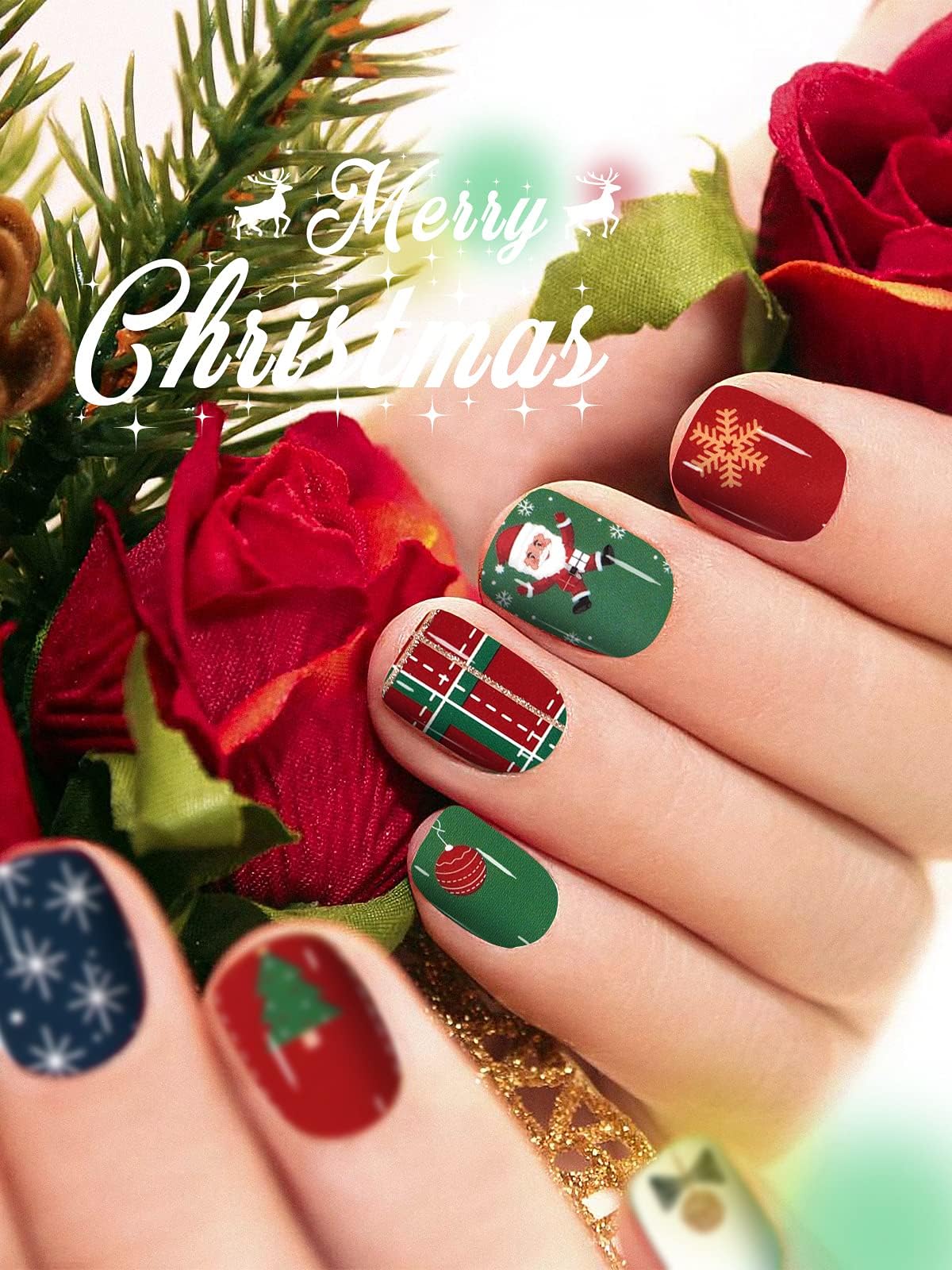 12 Sheets Christmas Full Nail Wraps, Ebanku Adhesive Nail Art Polish Stickers Santa Claus Penguin Snowman Design Nail Art Decals