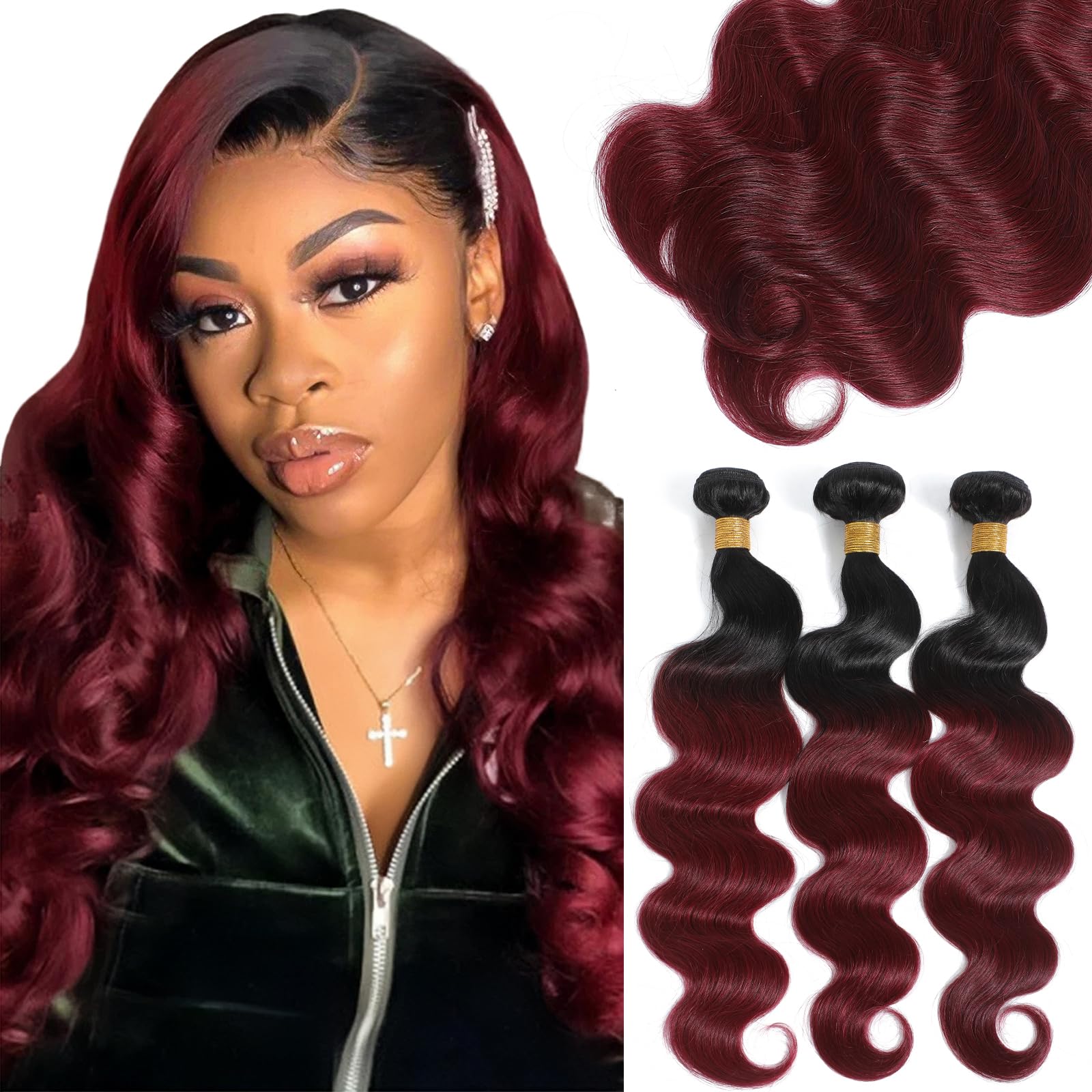 Kapelli Hair 10A Ombre Brazilian Hair Body Wave (T1B/99J,24'' 26'' 28'') Ombre Human Hair 3 Bundles Ombre Brazilian Human Hair V