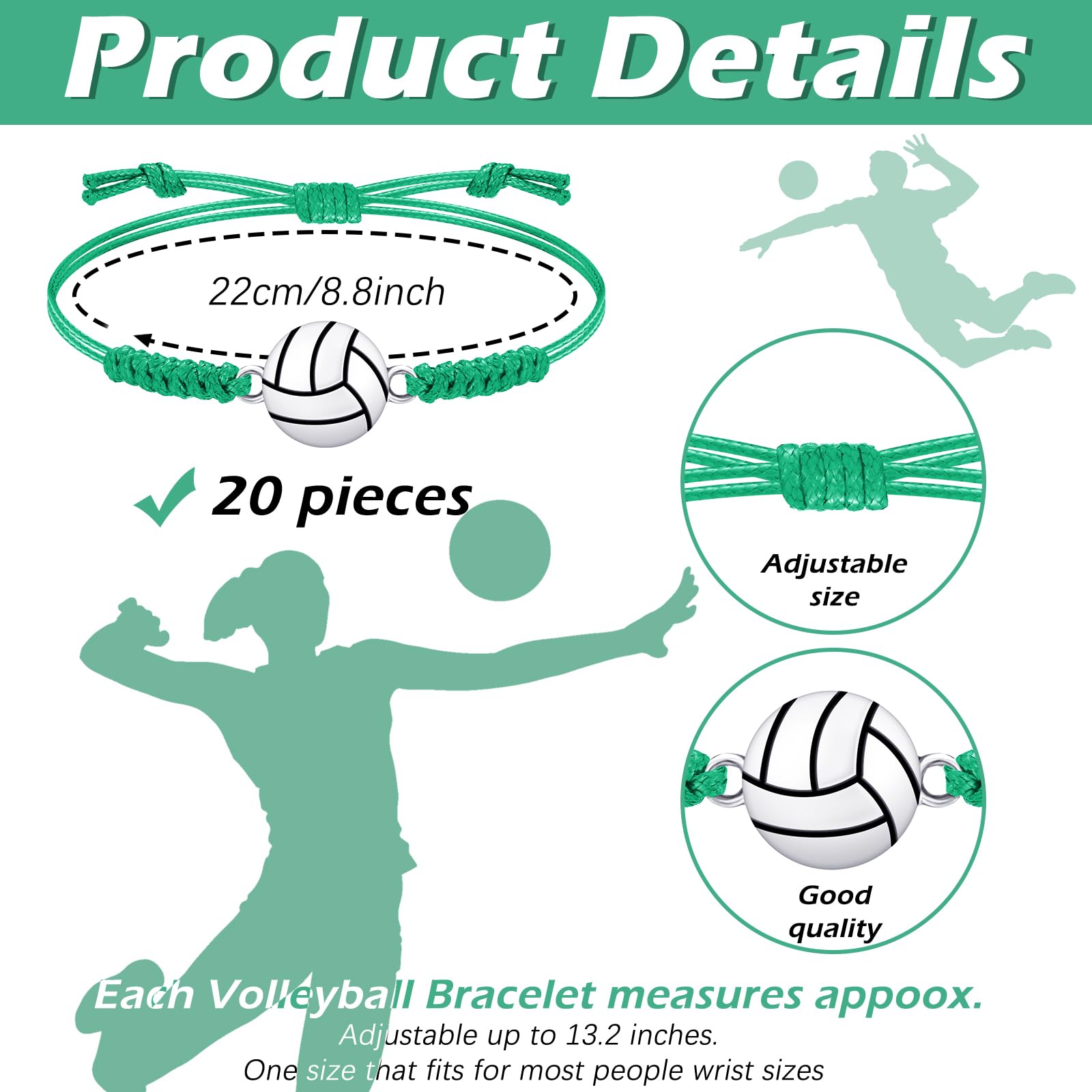 Jadive 20 Pieces Volleyball Charm Bracelets Bulk Volleyball Team Gifts Adjustable Christmas Sport Jewelry for Women Men Coach De