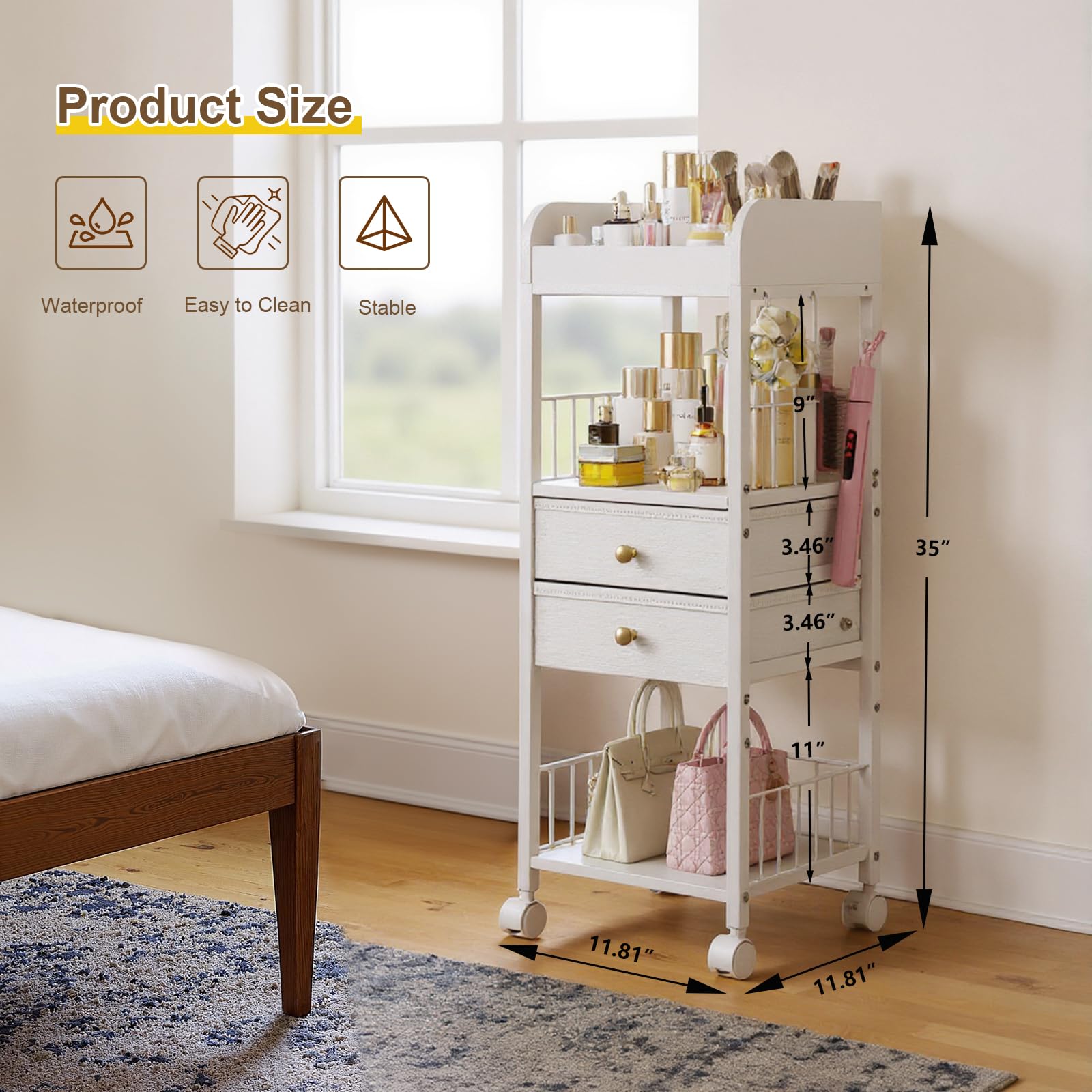 DongRong Floor Makeup Organizer with Lockable Wheels & 8 Dividers, 2-Drawer Rolling Skincare Cart for Cosmetics/Perfume/Nail Pol