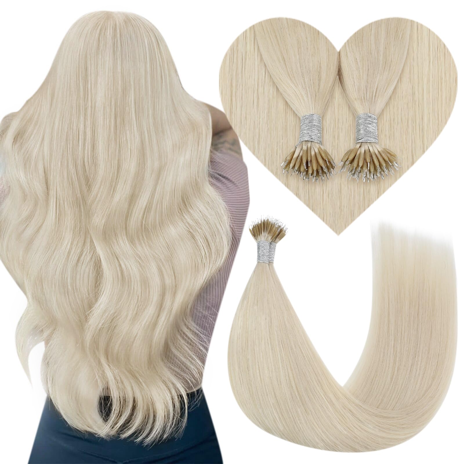 YoungSee Nano Hair Extensions Human Hair Platinum Blonde Nano Tip Hair Extensions Human Hair Blonde Nano Bead Hair Extensions Bl