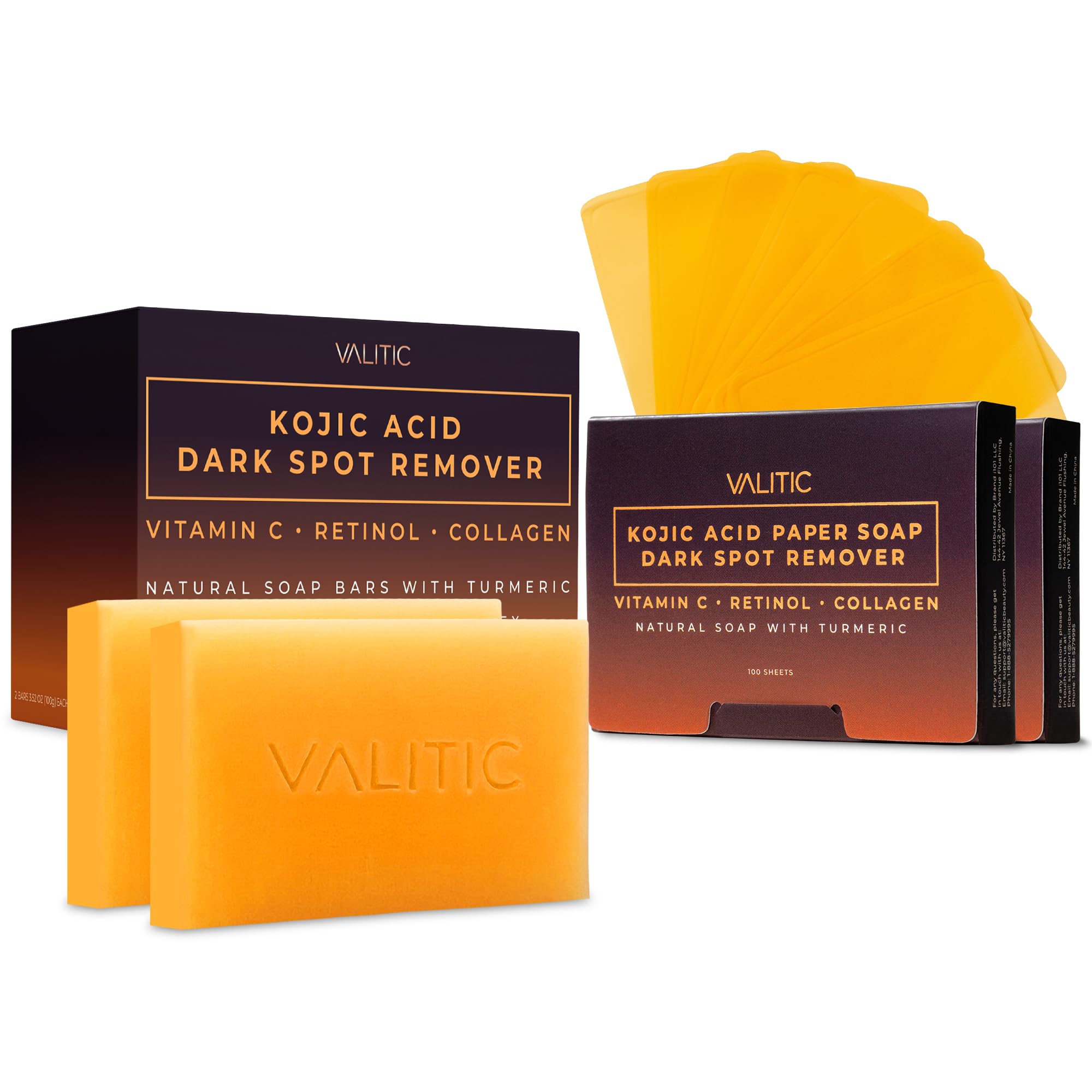 VALITIC Kojic Acid and Turmeric Dark Spot Corrector Soap - Skin Care Cleansing Duo - 2 Soap Bars and 200 Melting Paper Sheets - 
