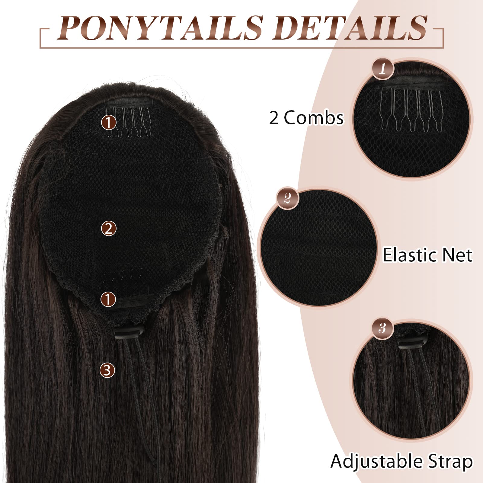 FESHFEN Drawstring Ponytails Extension Long Straight Pony Tails Natural Synthetic Hair Piece Clip in Ponytail Hairpieces for Wom