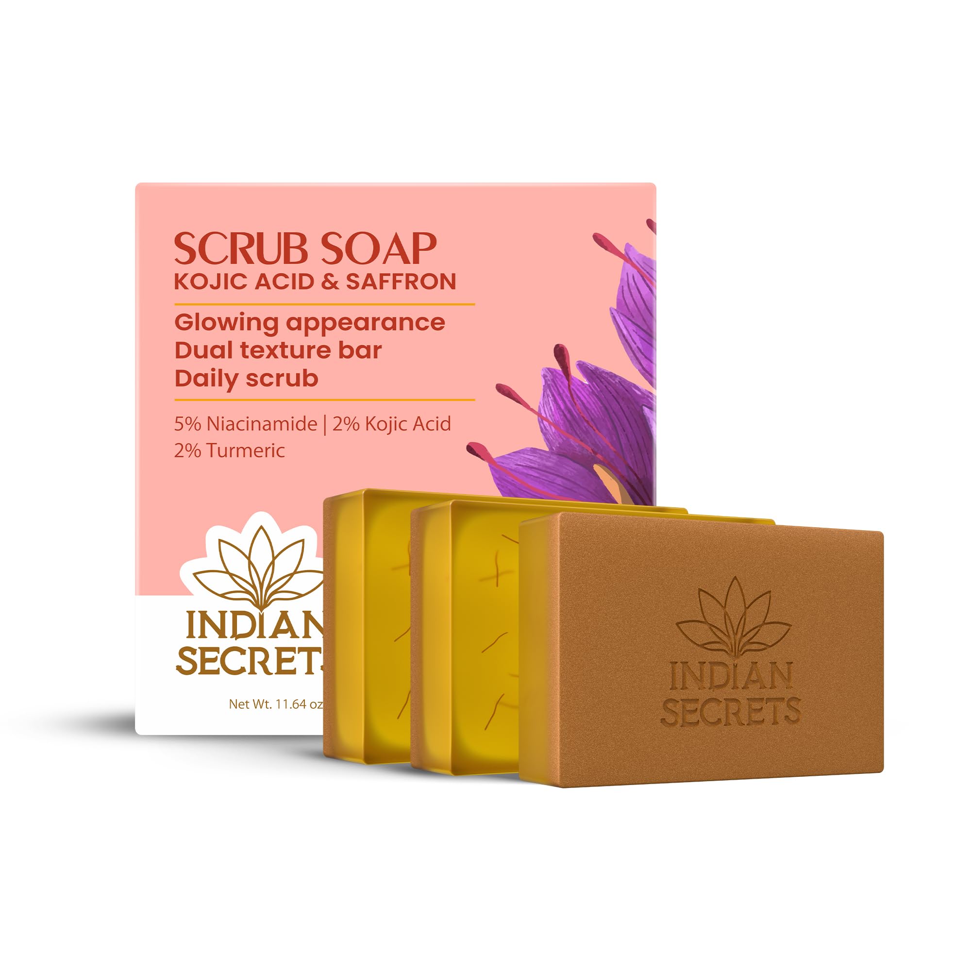 Indian Secrets Kojic Acid & Saffron Detan Scrub Soap With Turmeric & Niacinamide | Skin Brightening Soap | Dark Spots, Pigmentat