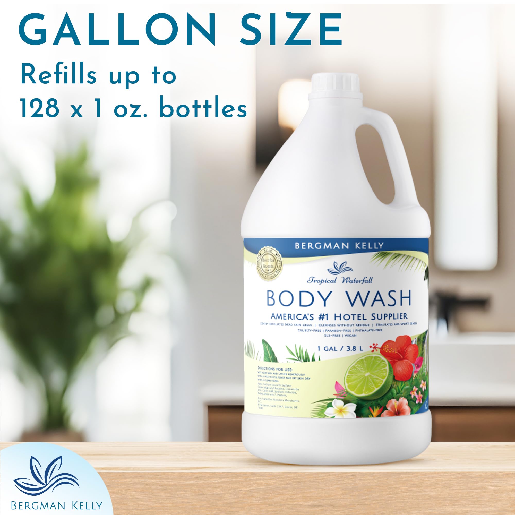 Bergman Kelly Refill Gallon Size Body Wash (128 Fl Oz, Tropical Waterfall Scent), Delight Your Guests With An Invigorating And R