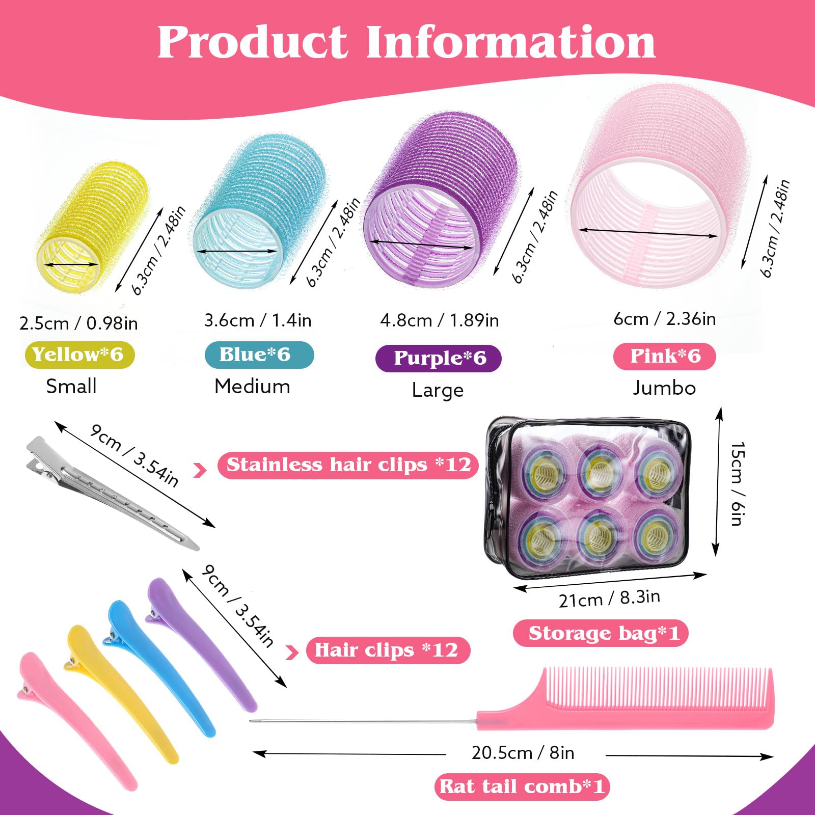 4 Sizes Self-Grip Hair Rollers Set - 50 Pcs with Clips in 4 Colors, Jumbo Rollers for Long, Short Hair and Bangs (25mm, 36mm, 48