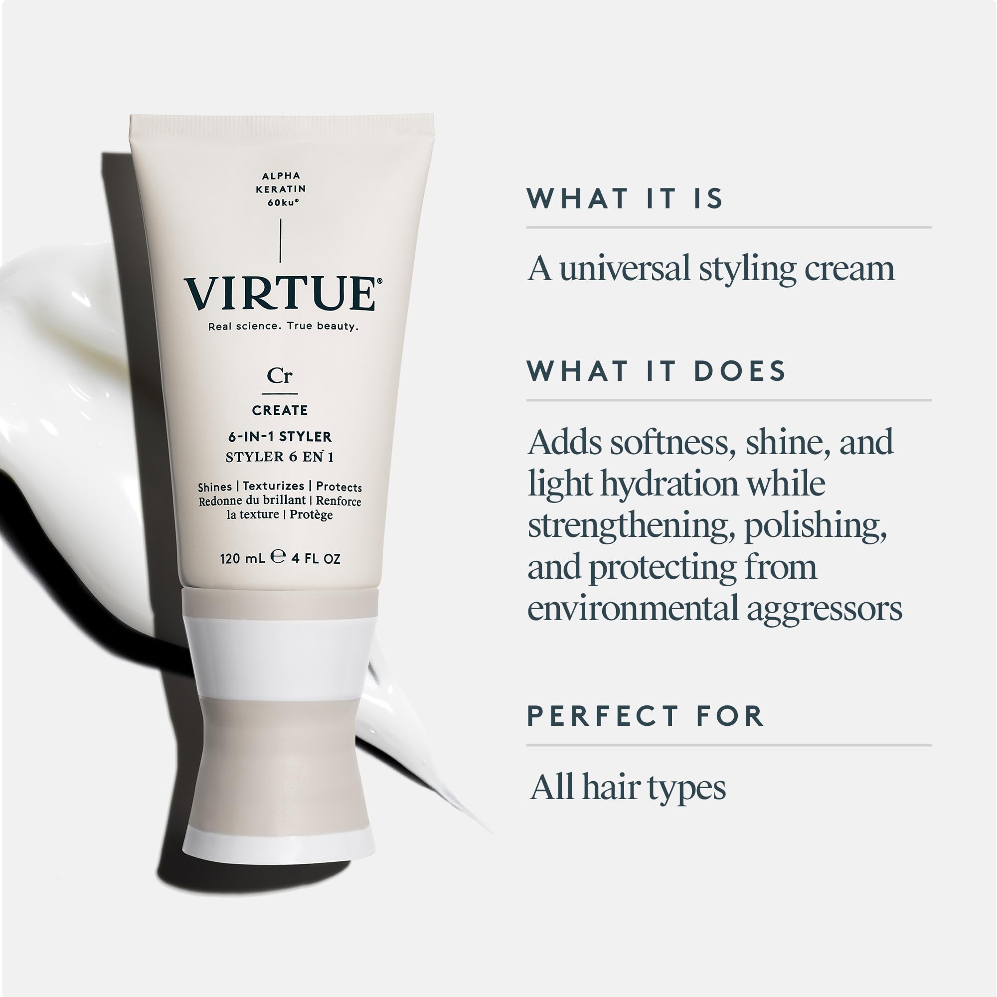 VIRTUE 6-in-1 Hair Styler, Sulfate Free Styling Cream with Heat Protection, Safe for All Hair Types, Color Safe