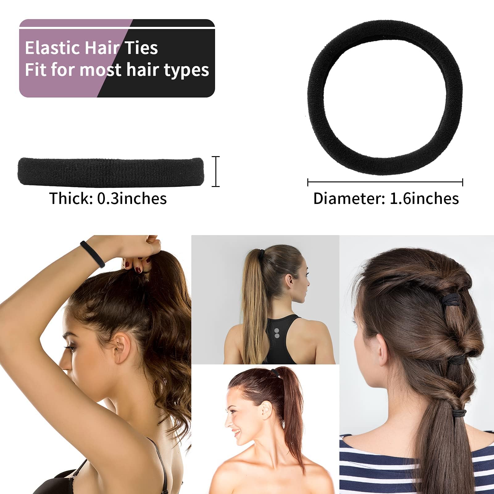 100PCS Black Hair Ties for Women, No Crease No Damage, Seamless Cotton Bands for Thick Thin Hair, Soft Ponytail Holders, Accesso