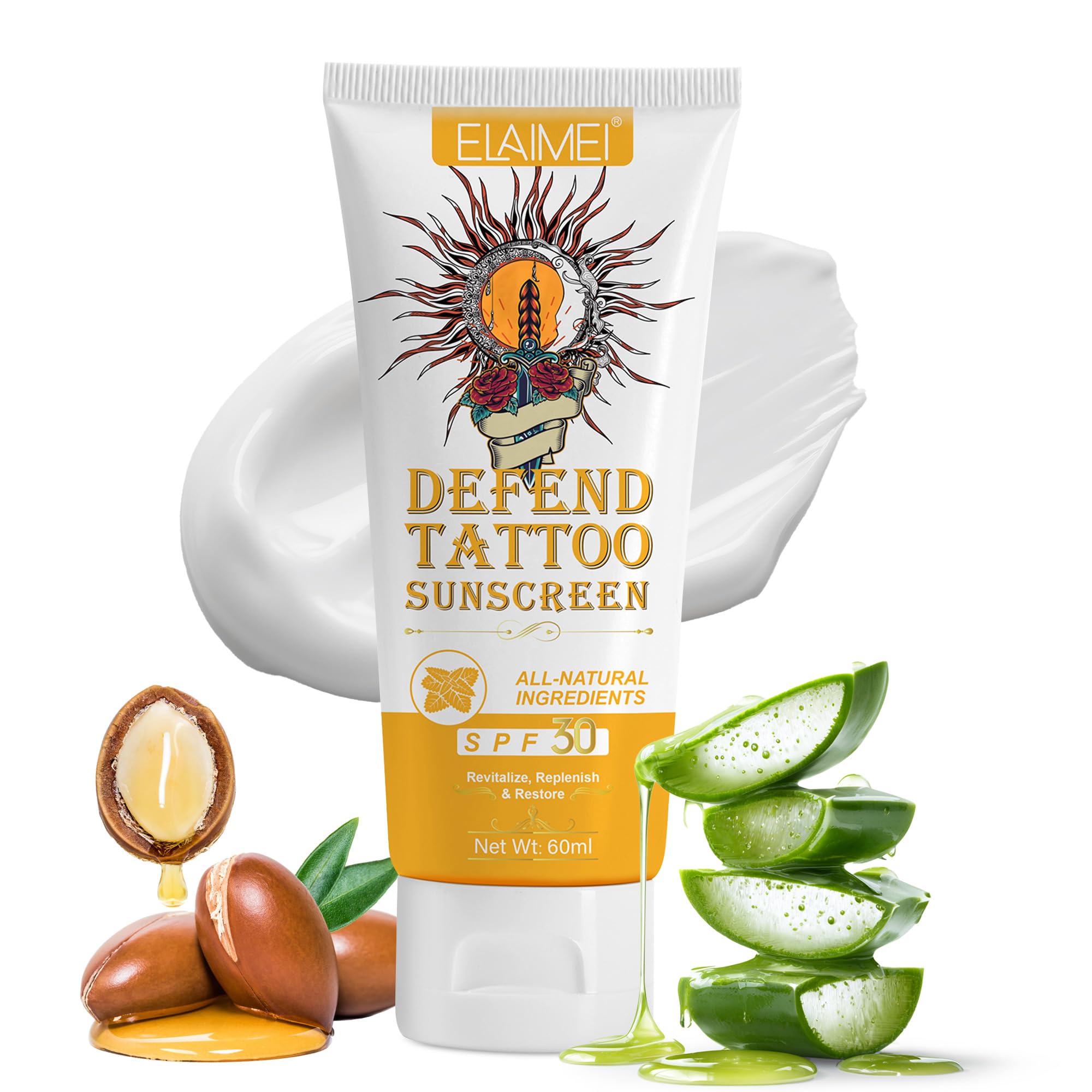VRAIKO ELAMEI Tattoo Sunscreen SPF 30+, 70% Natural Ingredients Tattoo Fade Protection Moisturizer with Aloe, Argan Oil, Rose Hi