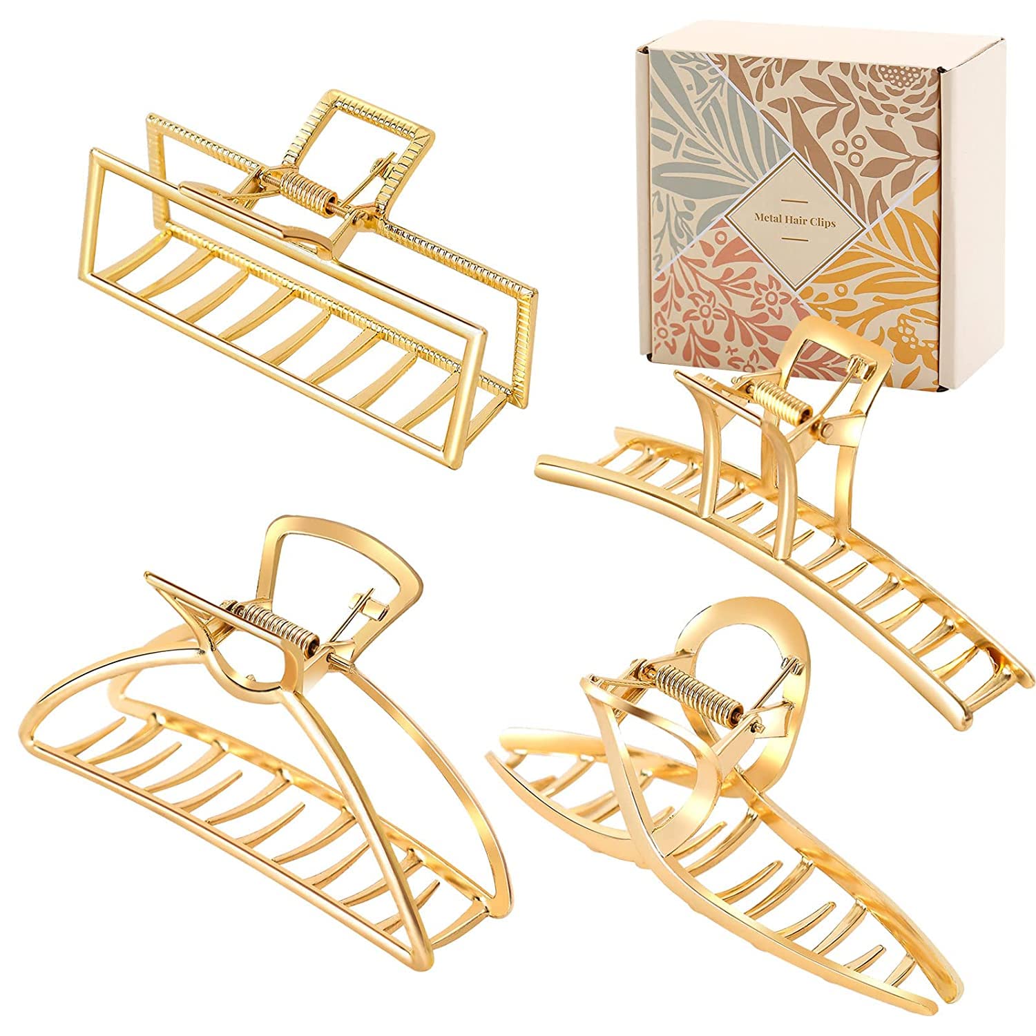 4 Pack Large Gold Hair Claw Clips for Women Thick Hair, Non-Slip Hair Catch Barrette Jaw Clamp, French Design Metal Cross Banana