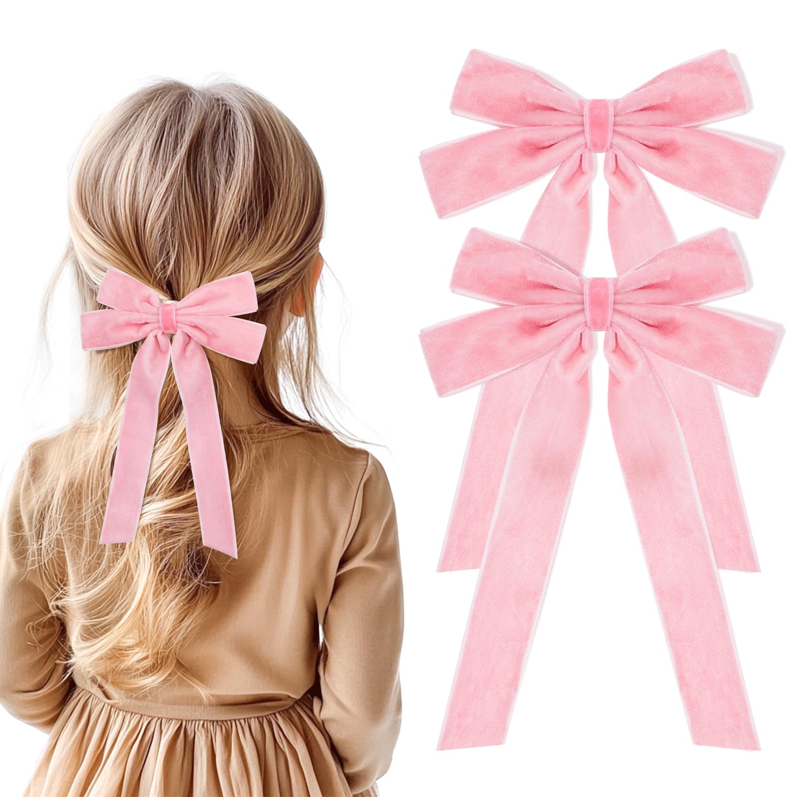 2PCS Pink Hair Bows Soft Velvet Bow Hair Clip with Long Tail Hair Accessories for Women Girls Toddlers