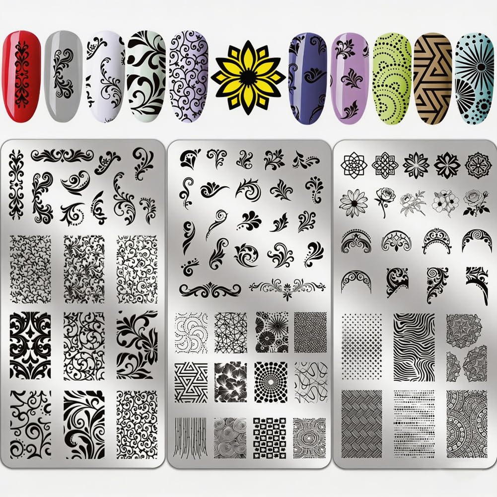 PRESSINART 3 Sheets Geometric Nail Stamp Plate Floral 4.72 x 2.36 Inch Stainless Steel Nail Art Plates Vintage Flowers Texture 7