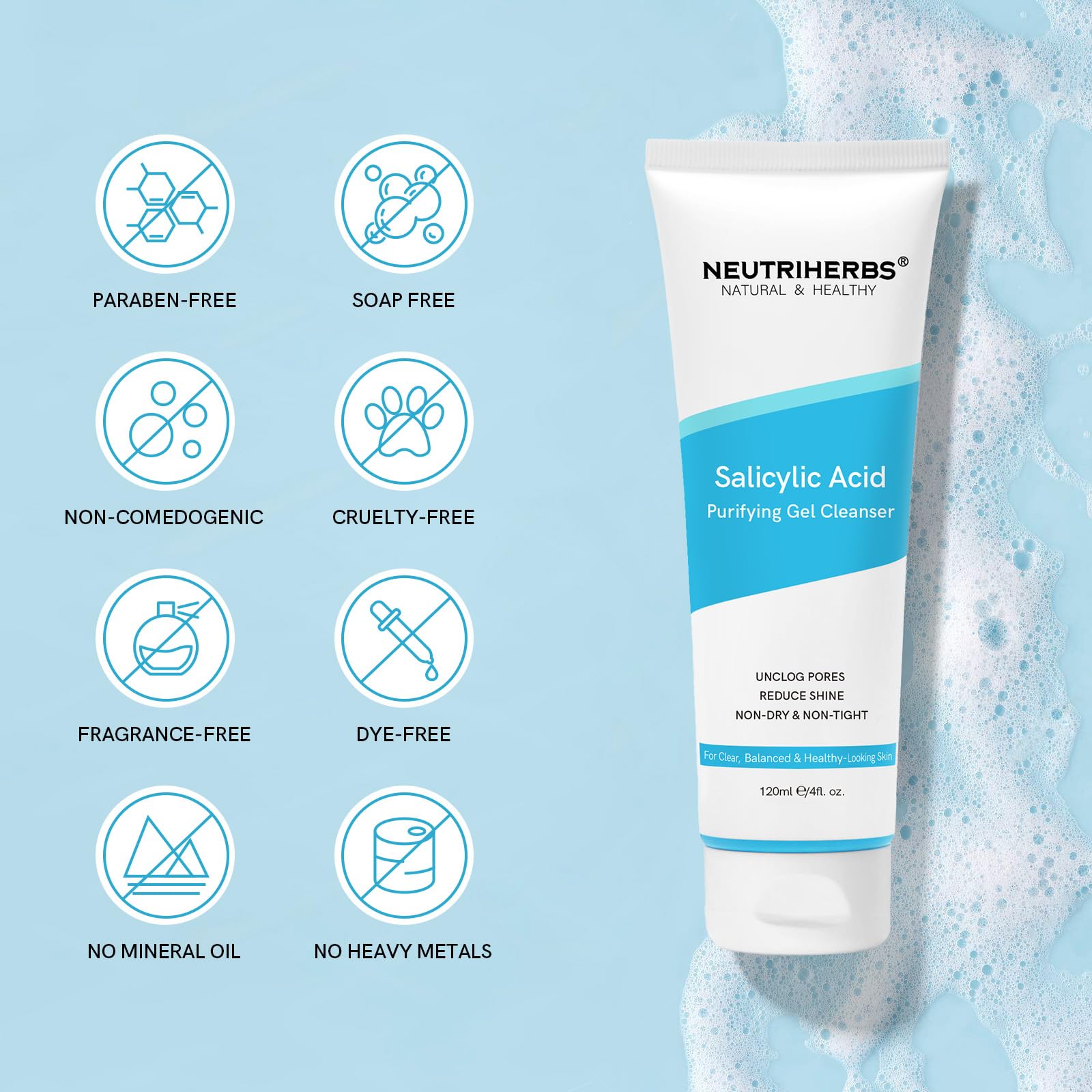 Neutriherbs Salicylic Acid Gel Cleanser, Acne Prone Oil Control Face Wash, Unclog Pore, Remove Blackhead Facial Wash - 4oz