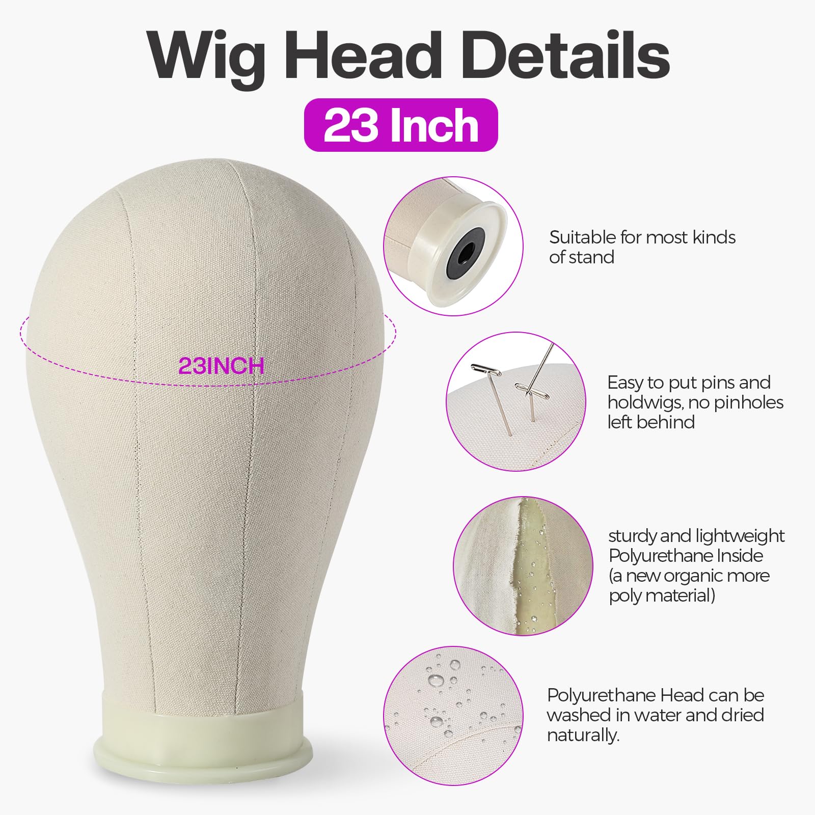 Neverland Beauty & Health 23 Inch Canvas Wig Head Stand Tripod Set, A-White, 6 Pieces with Mannequin Head, T Pins, and Brush