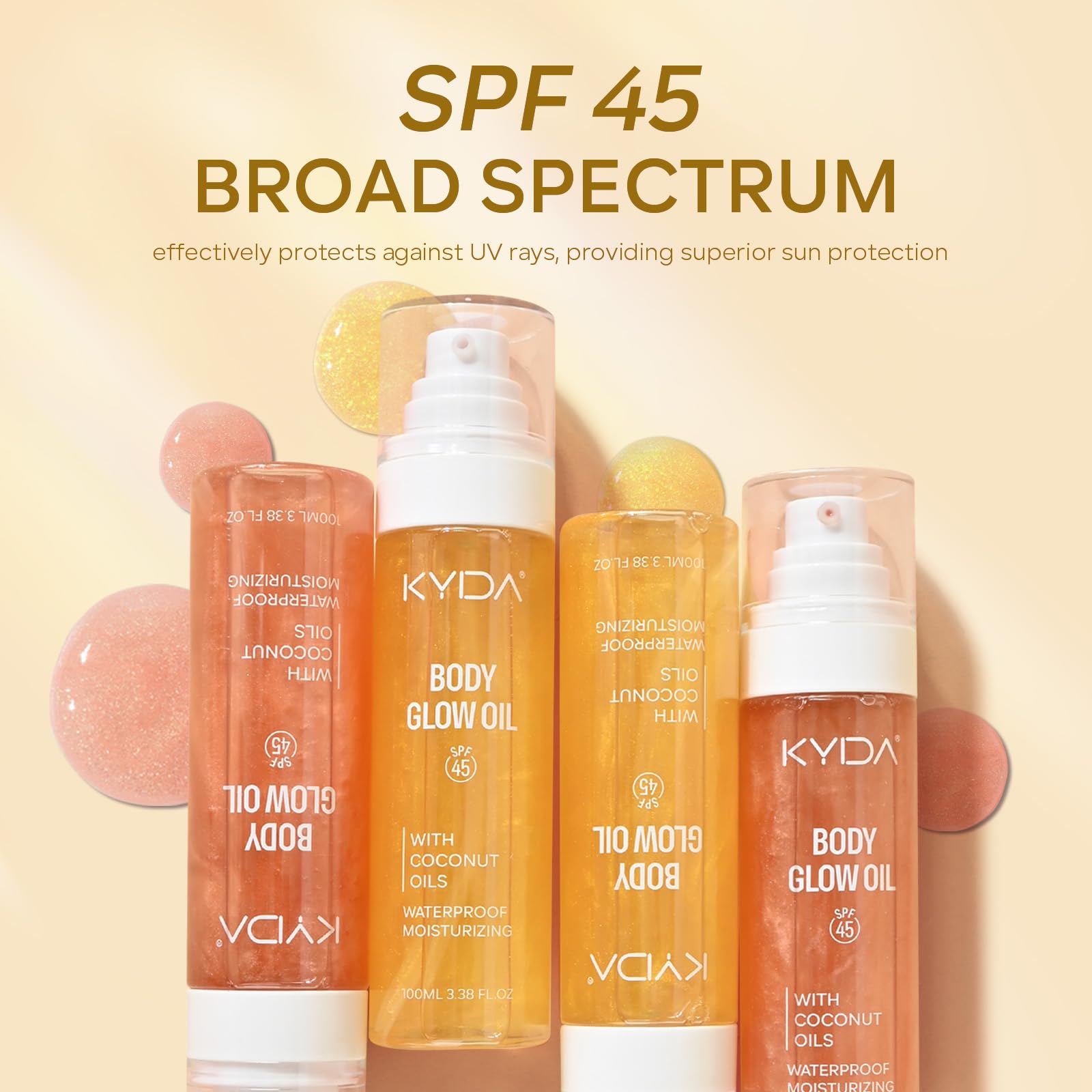 KYDA Body Glow Oil, SPF 45 Broad Spectrum, Sunscreen Body Oil with Gold Mica, Moisturizing Coconut, Lightweight Glow Body Moistu