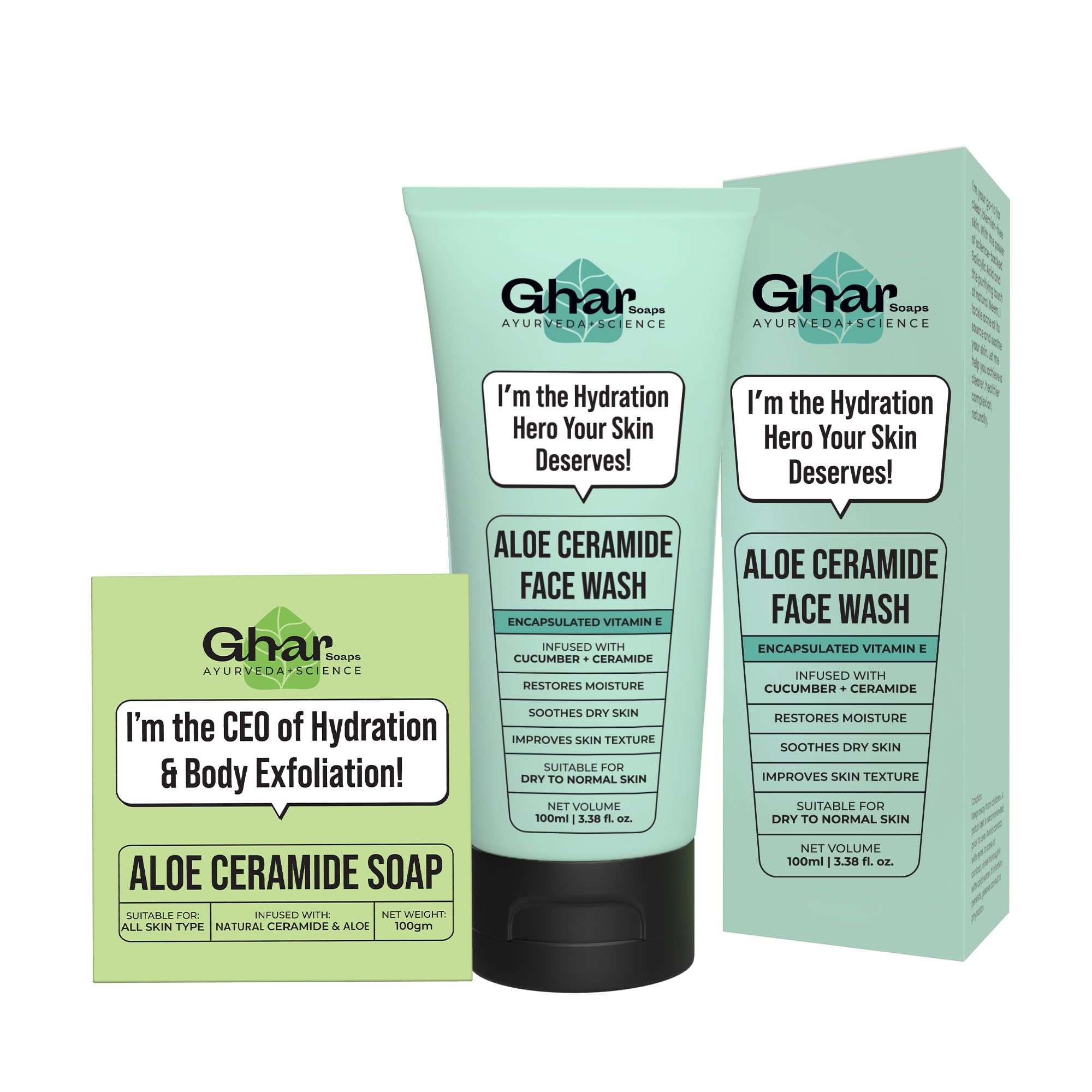Gharsoaps Aloe-Ceramide Face Wash For Dry To Normal Skin | Hydration Hero With Ceramides, Cucumber & Vitamin E | Soothing & Mois