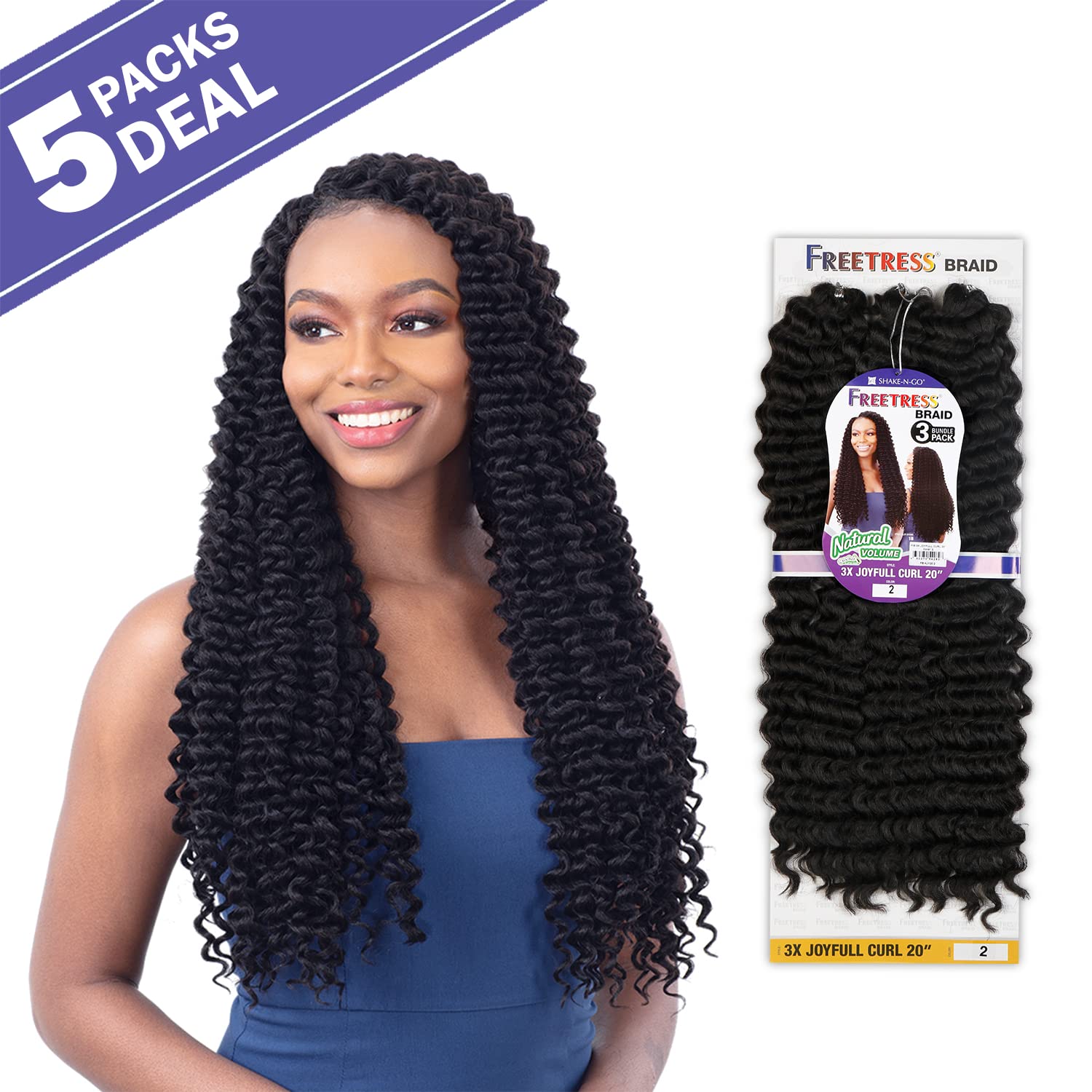 Freetress Braids Crochet Braids Natural Volume 3X Joyfull Curl 20 Inch (5-Pack, 1B)