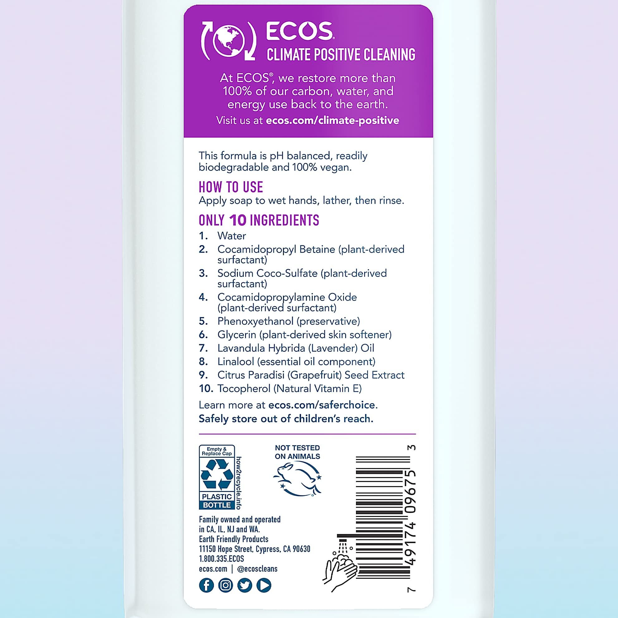 Ecos Hand Soap, Hypoallergenic Lavender, 32Oz Refill By Earth Friendly Products