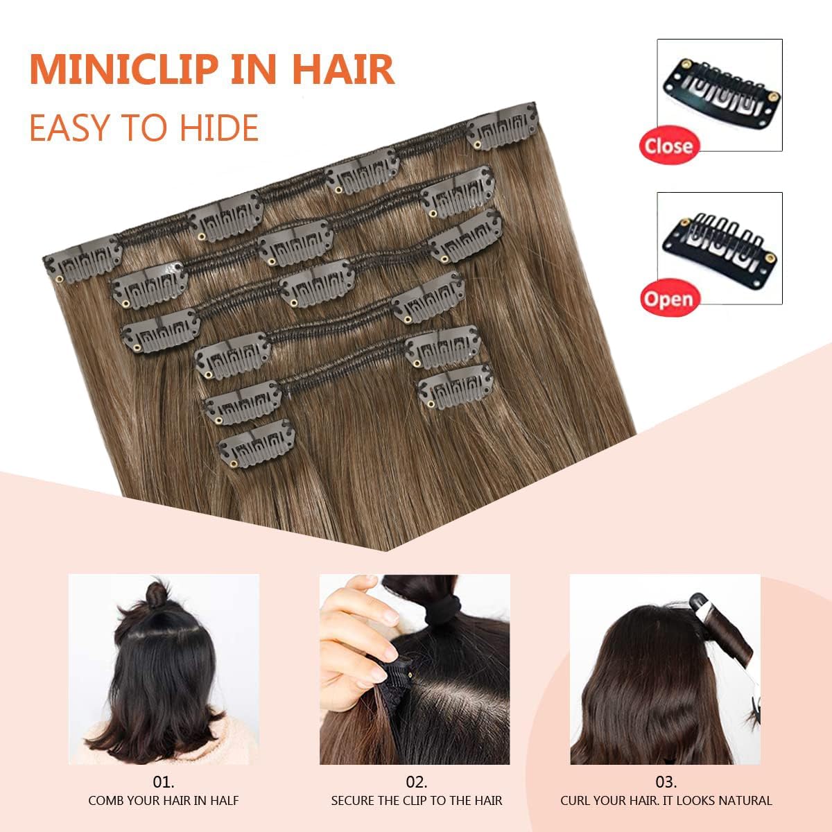 UGOTRAYS Ash Brown Clip in Hair Extensions Real Human Hair, 70G Remy Human Hair Clip in Extensions 22 Inches Soft Silky Straight