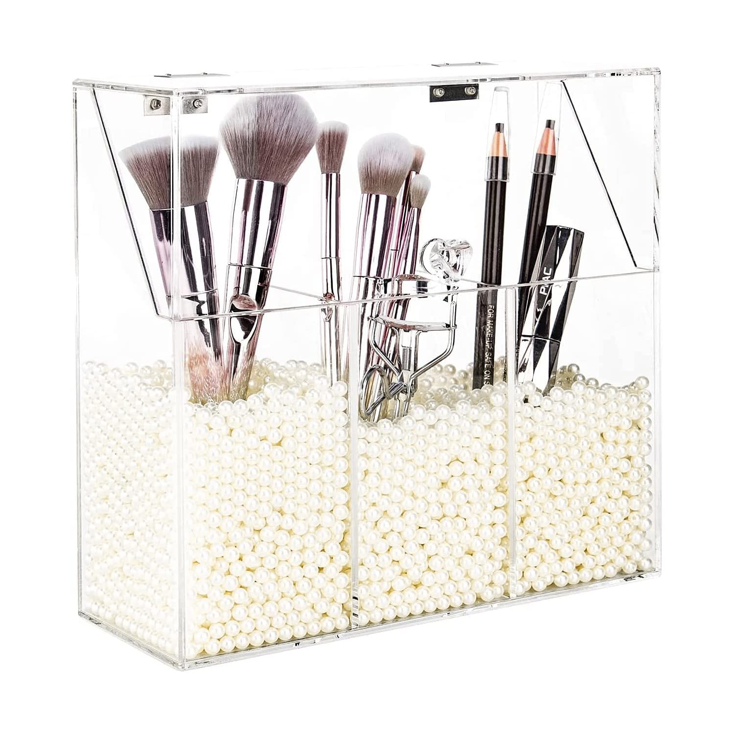 Yestbuy Clear Makeup Brush Holder, Acrylic Makeup Brush Organizer For Vanity, Cosmetic Brush Storage Box With Pearls, For Bathro