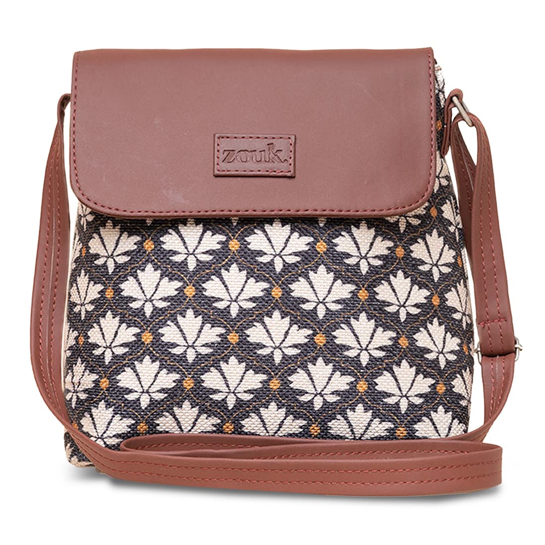 ZOUK Bidri Kaiser Motif Printed Womens Hand Crafted Vegan Leather Black and White Flap Sling Bag