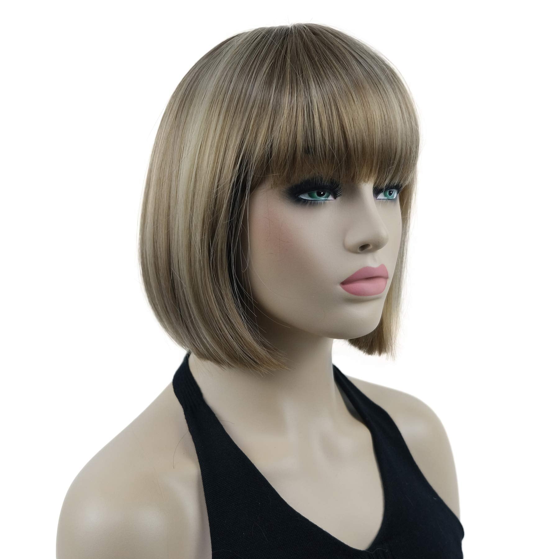 Lydell 8'' Straight Short Bob Hair Flat Bangs Cute Central Dot Skin Top Heat Resistant Synthetic Wigs (14-24 Lt Golden Brown)