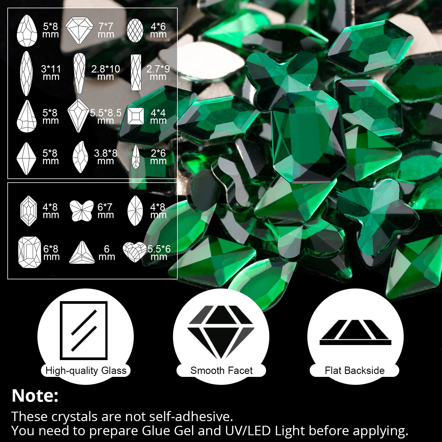 18 Styles Multi-shaped Glass Gemstones for Nails and 6 Sizes Round Crystal Rhinestones Kit #6, Dark Green Nail Art Charm Bead Ma