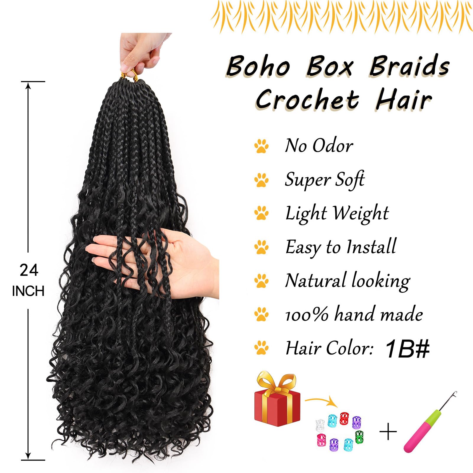 24 Inch Goddess Box Braids Crochet Hair Pre-Looped Bohomian Crochet Box Braids Curly Ends 8 Packs 3X Crochet Braids For Women Sy