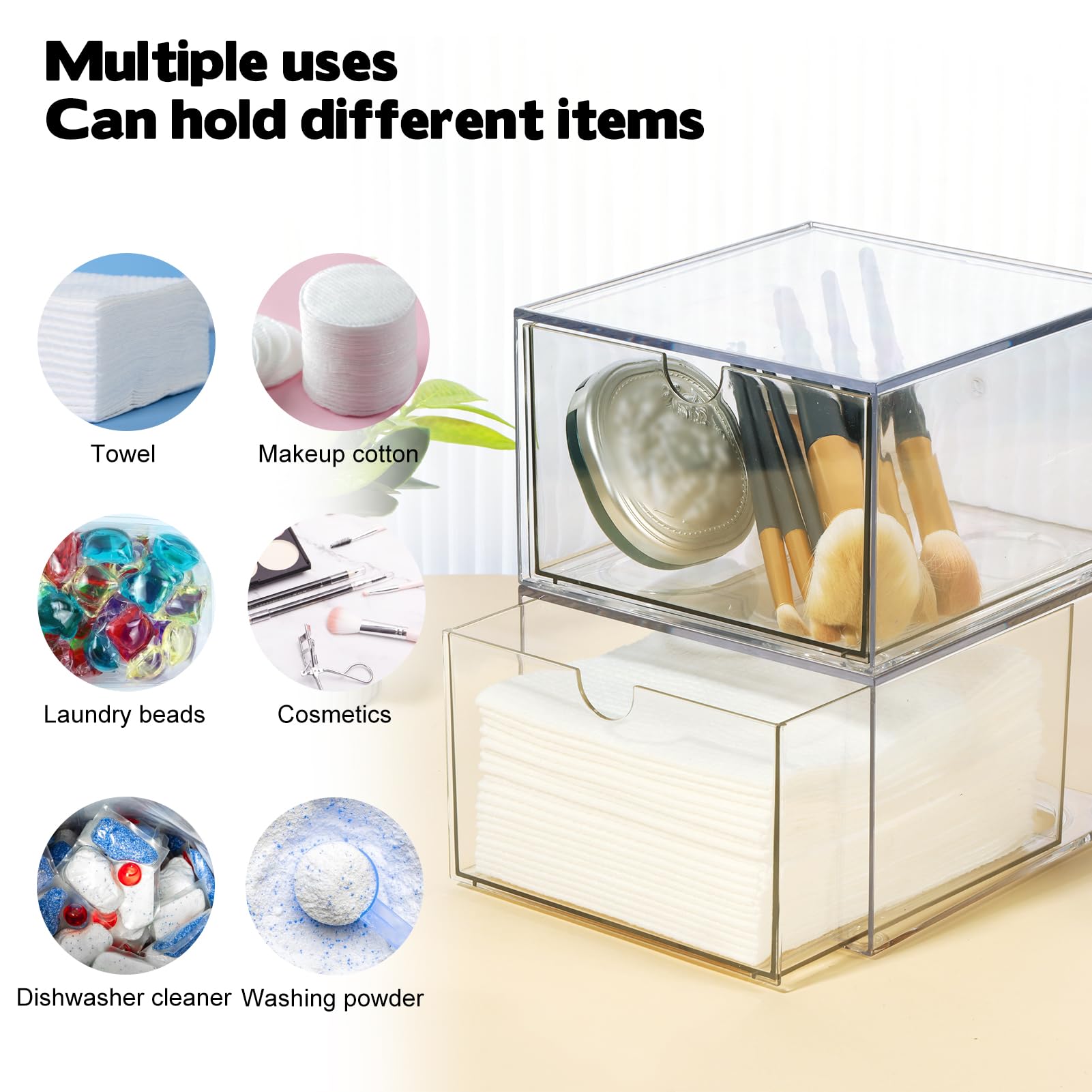 Rainmae 2 Pack Disposable Face Towel Holder, Face Towel Storage Box, Stackable Clear Makeup Organizer with Drawer for Clean Skin