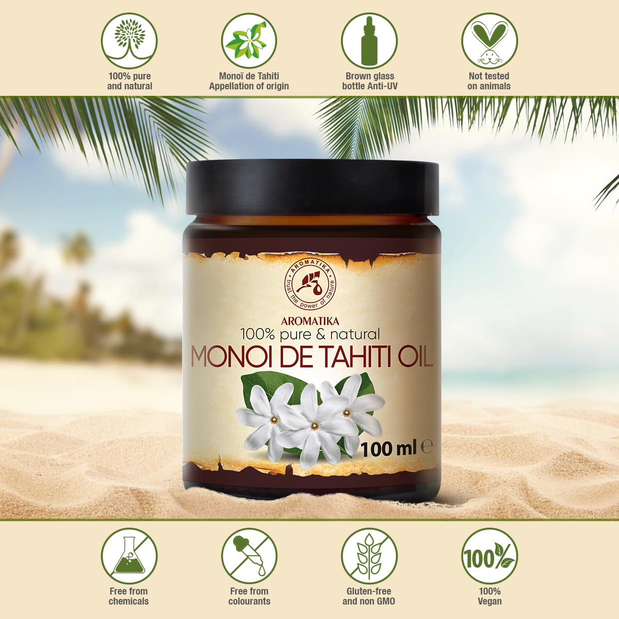 Aromatika Monoi De Tahiti Carrier Oil 3.4 Fl Oz - Pure Cold Pressed Monoi Base Oil - Cocos Nucifera - Gardenia Tahitensis - Unre
