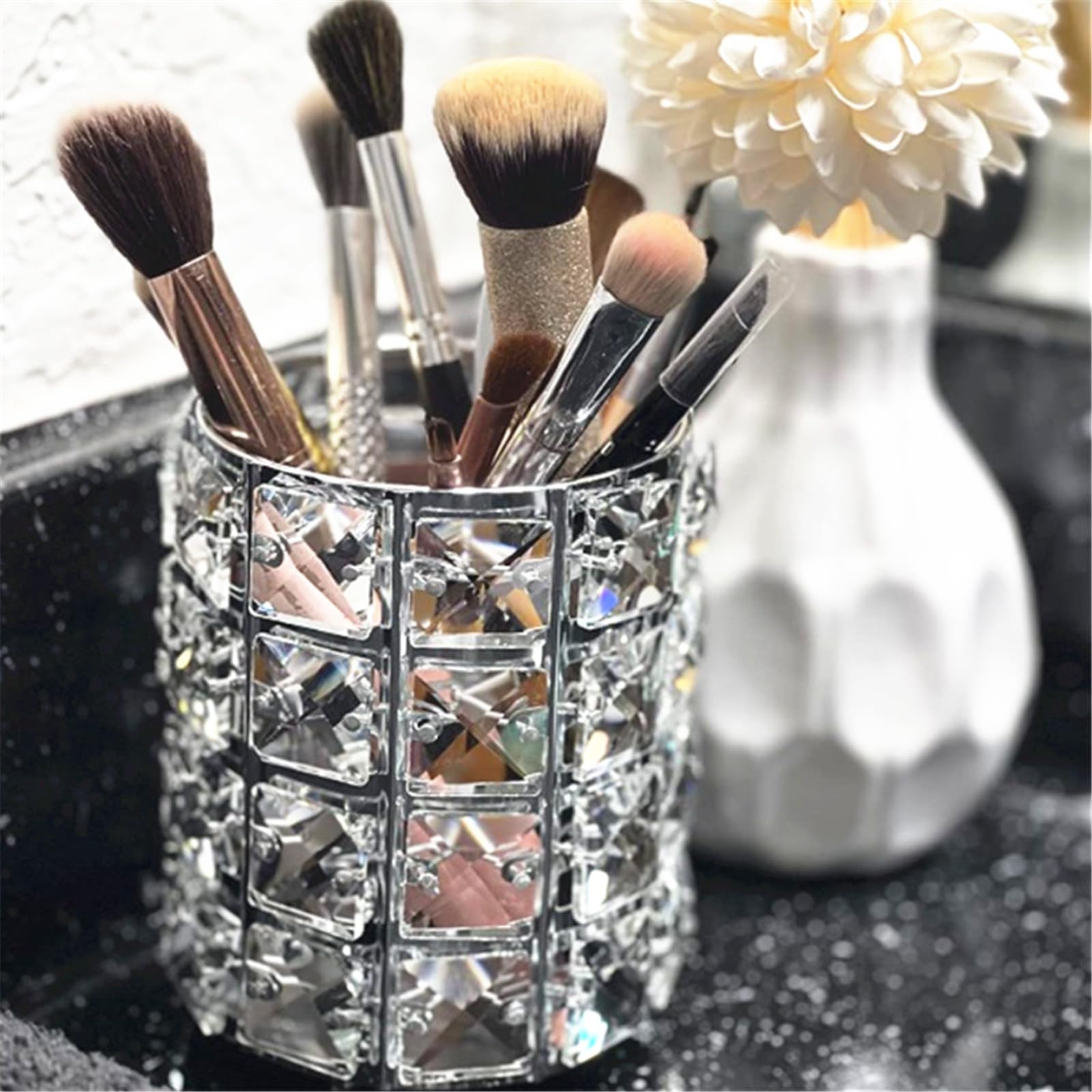 LUGUNU Makeup Brush Holder with Silver Crystal Bling - Elegant Vanity Organizer for Brushes, Pens & Pencils, Ideal for Bathroom