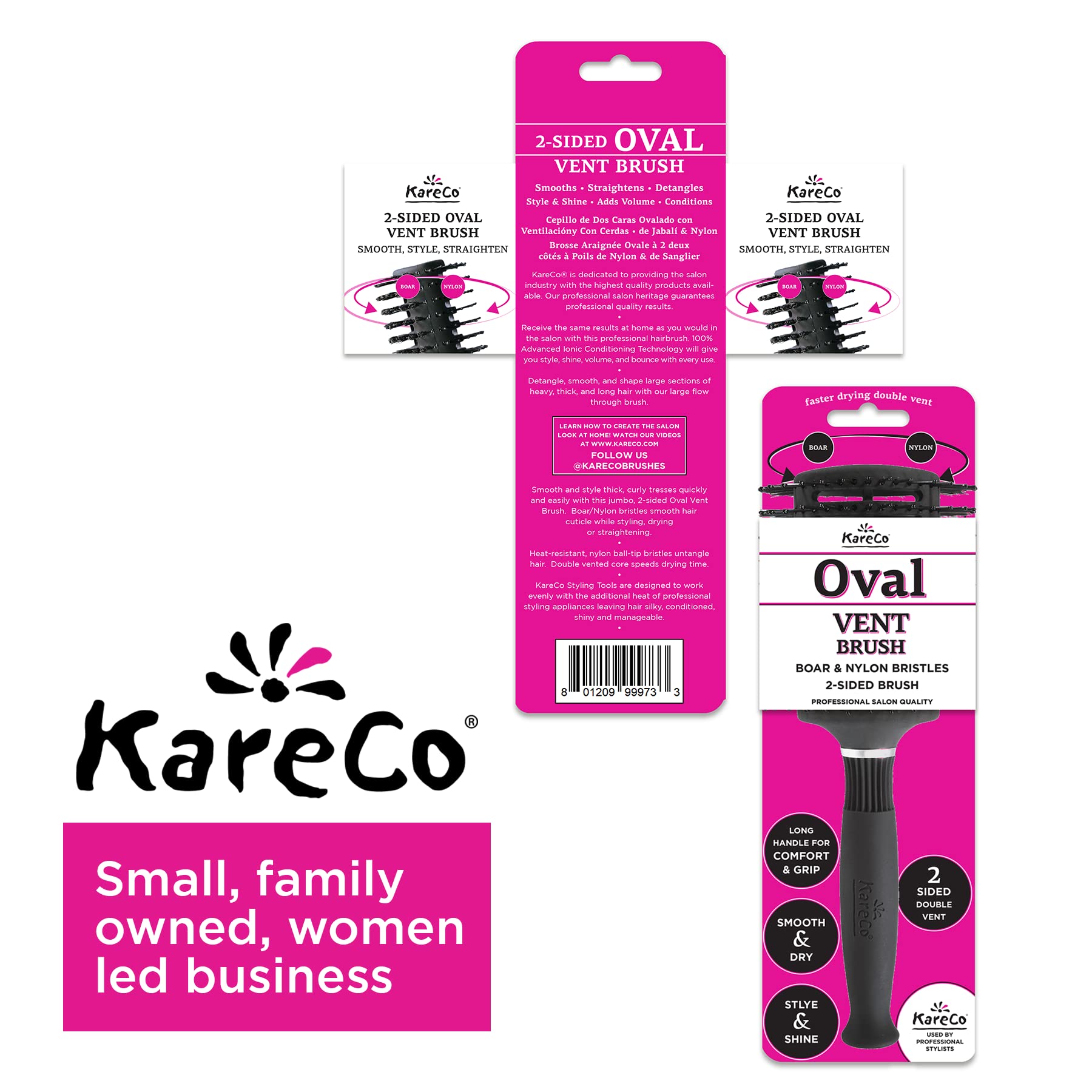 Kareco Oval Vent Brush, Dual Natural Boar Bristles And Soft Nylon Ball Tipped Pins, Vented, Ergonomic Grip