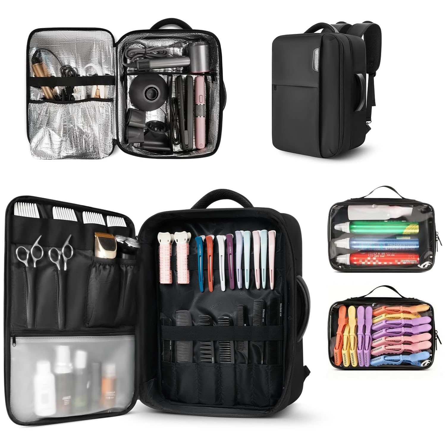 Barber Bag with 2 Pouches, Professional Hairstylist Travel Backpack with Adjustable Dividers, Hairdresser Hair Tools Bag with In