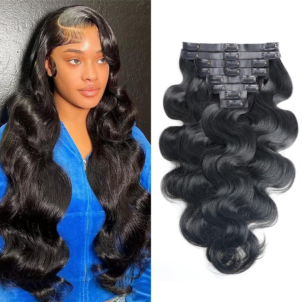 Pobokix Seamless Clip in Hair Extensions Human Hair Body Wave Human Hair Clip in Extensions 8Pcs PU Clip ins Remy Hair for Women