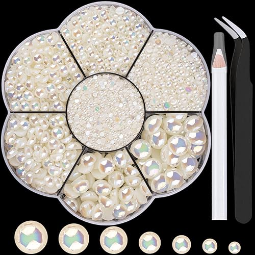 Nail Art Flat Back Half Round Pearl Kits 2, 1 Box of 5600 Pcs Flat-Back Beige AB Pearl with Tweezer and Picker Pencil for Home D
