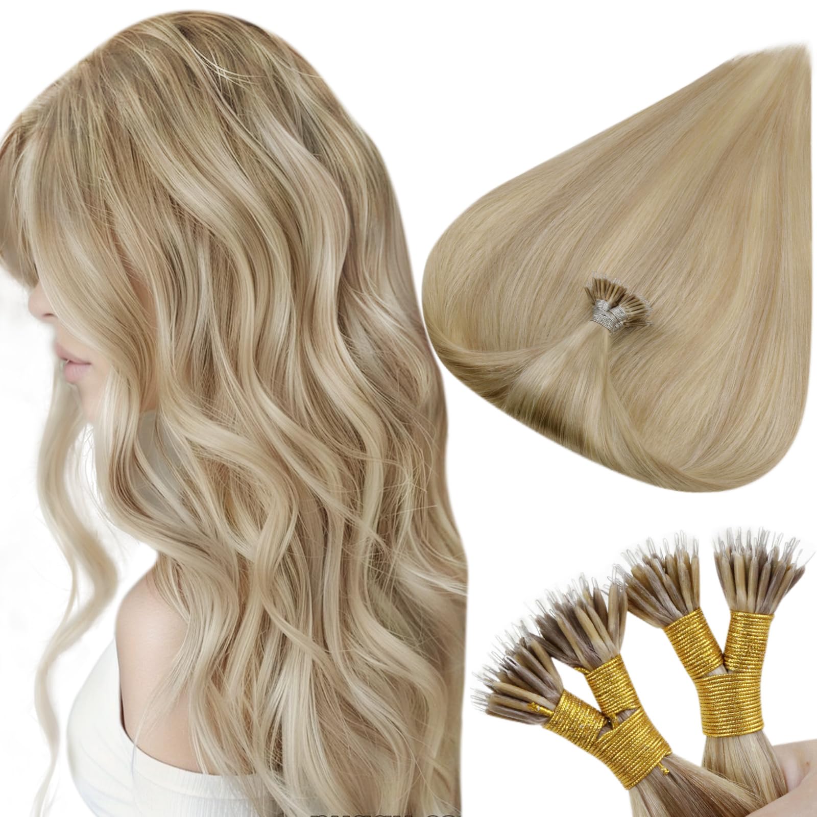 Hetto Nano Link Hair Extensions Human Hair #17/23 Ash Blonde Mixed Medium Blonde Nano Beads Human Hair Extensions 18 Inch Real H