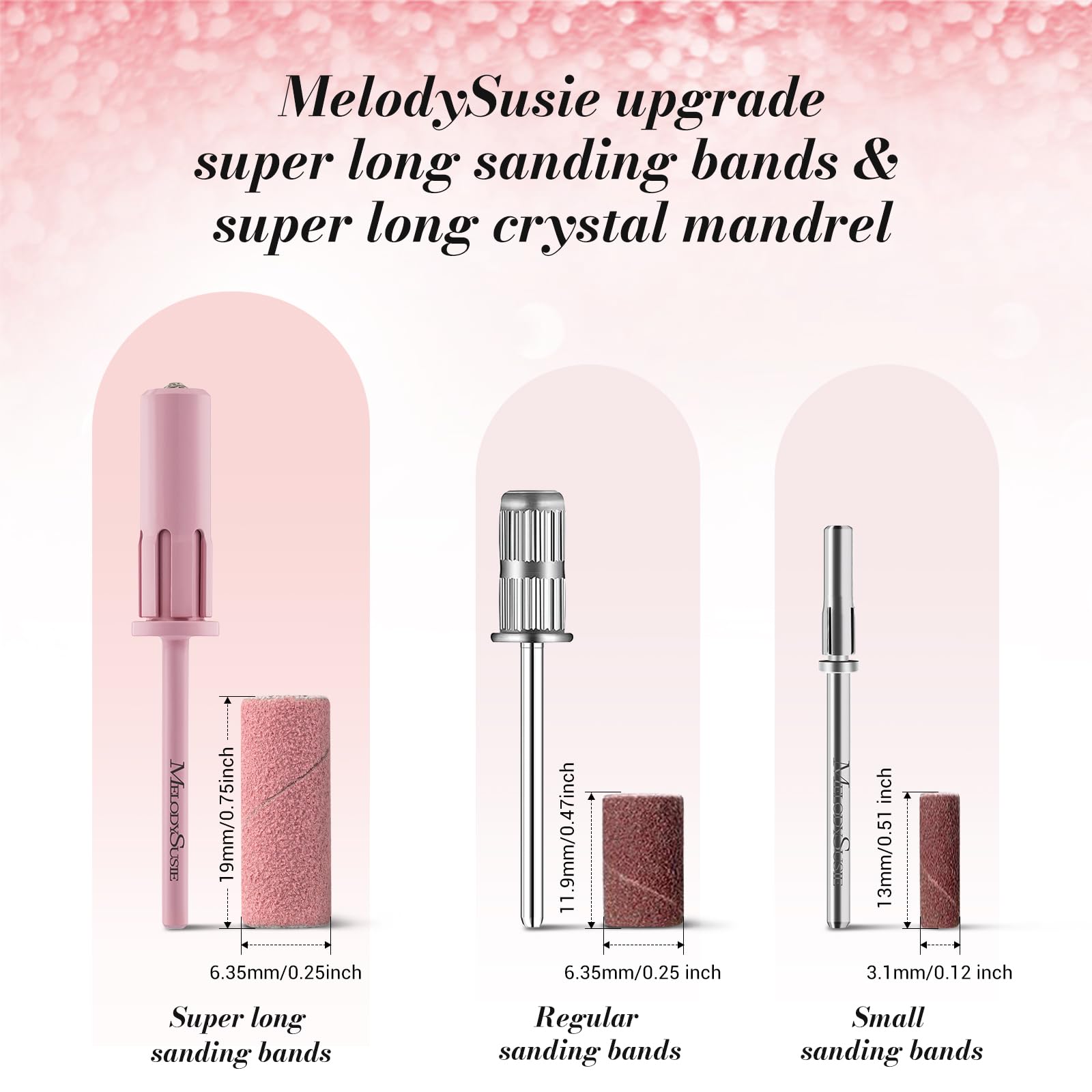 Melodysusie 50 Pcs Nail Drill Bits Super Long Sanding Bands With 6.65Mm Crystal Mandrel Bit, 120 Medium Grit Nail File For Acryl