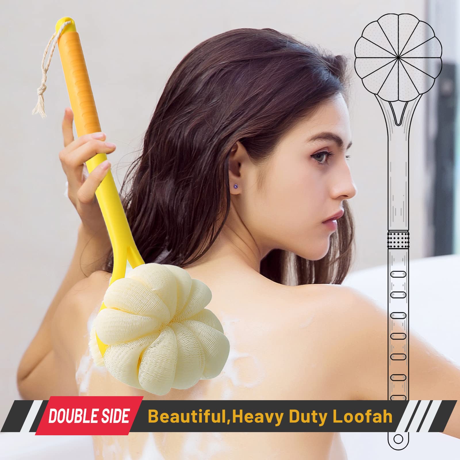Shower Body Brush,Soft Bristles And Beautiful Pumpkin Loofah 14'' Long Handle Back Scrubber Bath Mesh Sponge For Skin Exfoliatin