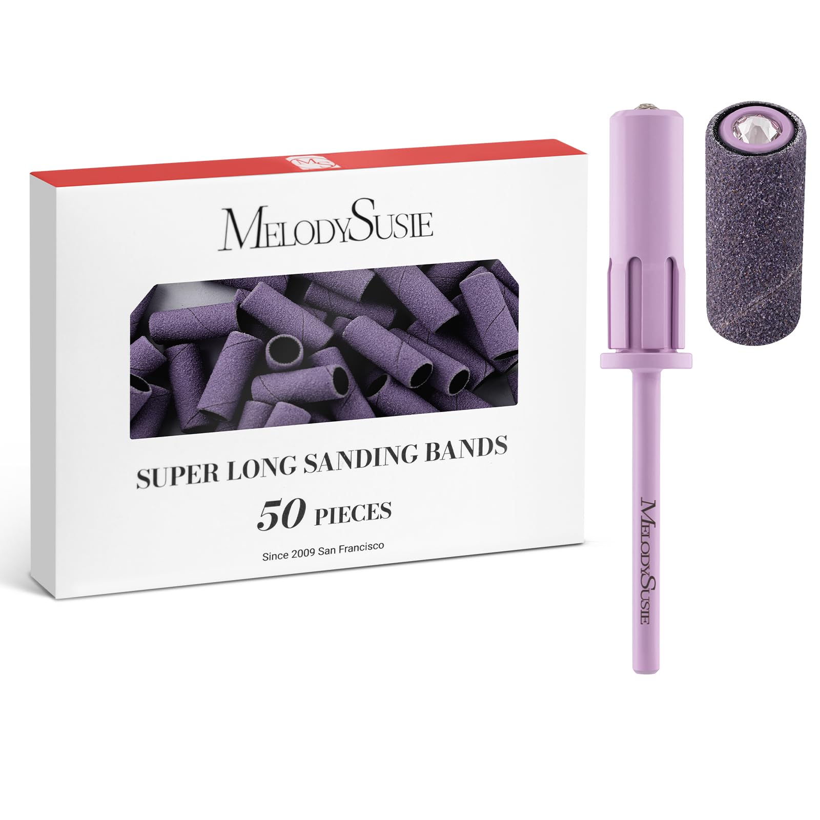 MelodySusie 50 Pcs Nail Drill Bits Super Long Sanding Bands with 6.65mm Crystal Mandrel Bit, 180 Fine Grit Nail File for Acrylic