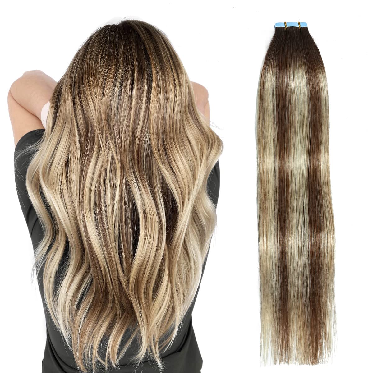 Suyya Tape In Hair Extensions Human Hair Balayage Chocolate Brown To Bleach Blonde And Chestnut Brown 50G/Pack 20Pcs Straight Se