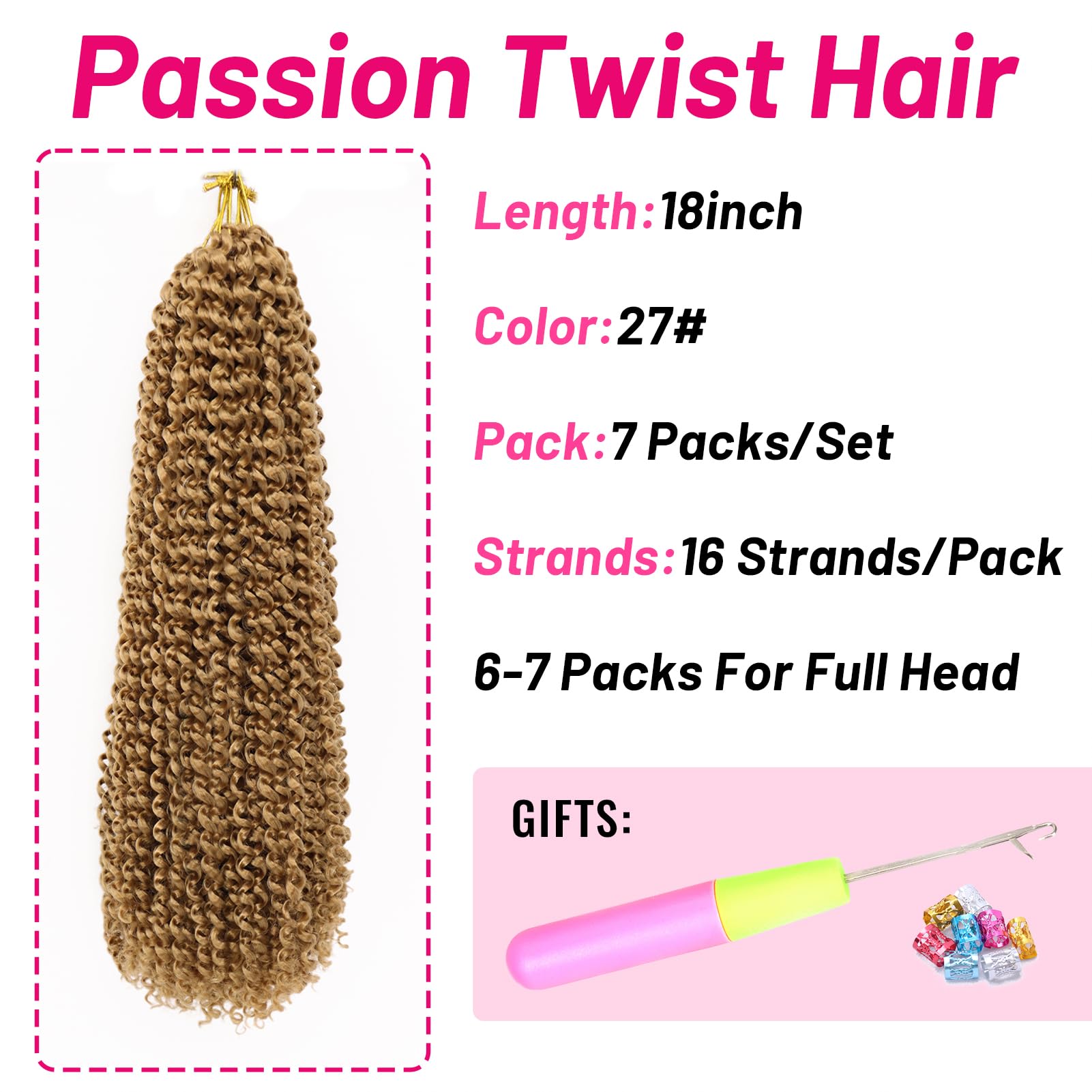 Dorsanee 7 Packs Passion Twist Hair 18" Synthetic Braids - Water Wave, Color #27, Ideal for Crochet & Bohemian Styles