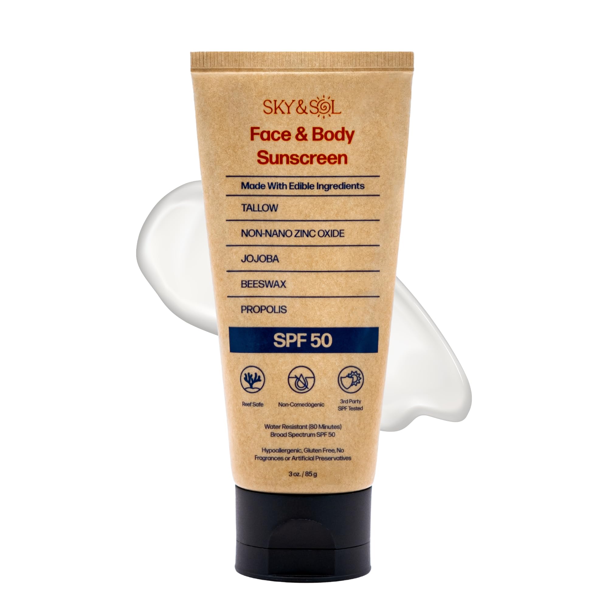 Sky and Sol Natural Mineral Sunscreen SPF 50 3 oz: Natural Tallow & Zinc Oxide, Reef Safe, Water Resistant, Fragrance-Free, Non-