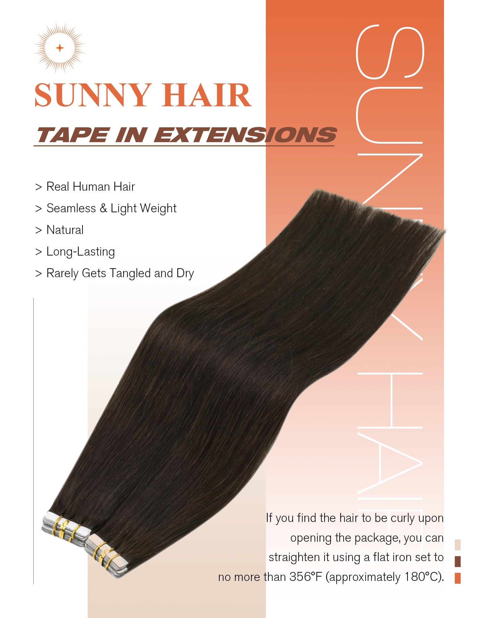 Sunny Hair Tape in Hair Extensions Real Human Hair Invisible Remy Hair Extensions Tape ins for Women Dark Brown 12 inch 20Pcs