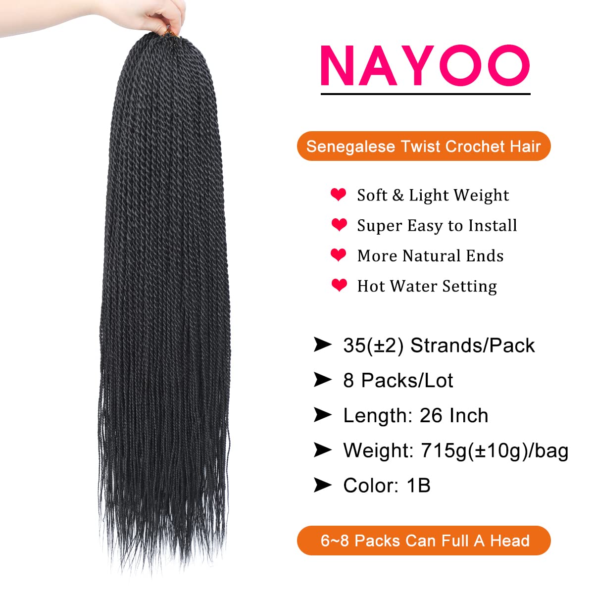 Nayoo Senegalese Twist Crochet Hair - 8 Packs 26 Inch Crochet Hair For Black Women, 35 Strands/Pack Small Twist Crochet Braids H