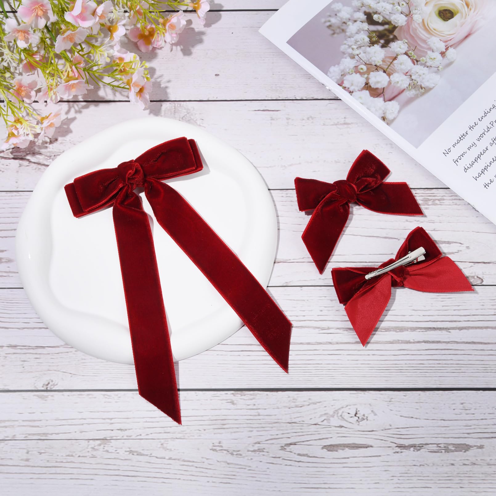 3Pcs Velvet Hair Bow Red Hair Ribbon Clips For Women Girls Fall Alligator Hair Clips Hair Accessories Toddlers Kids Teens