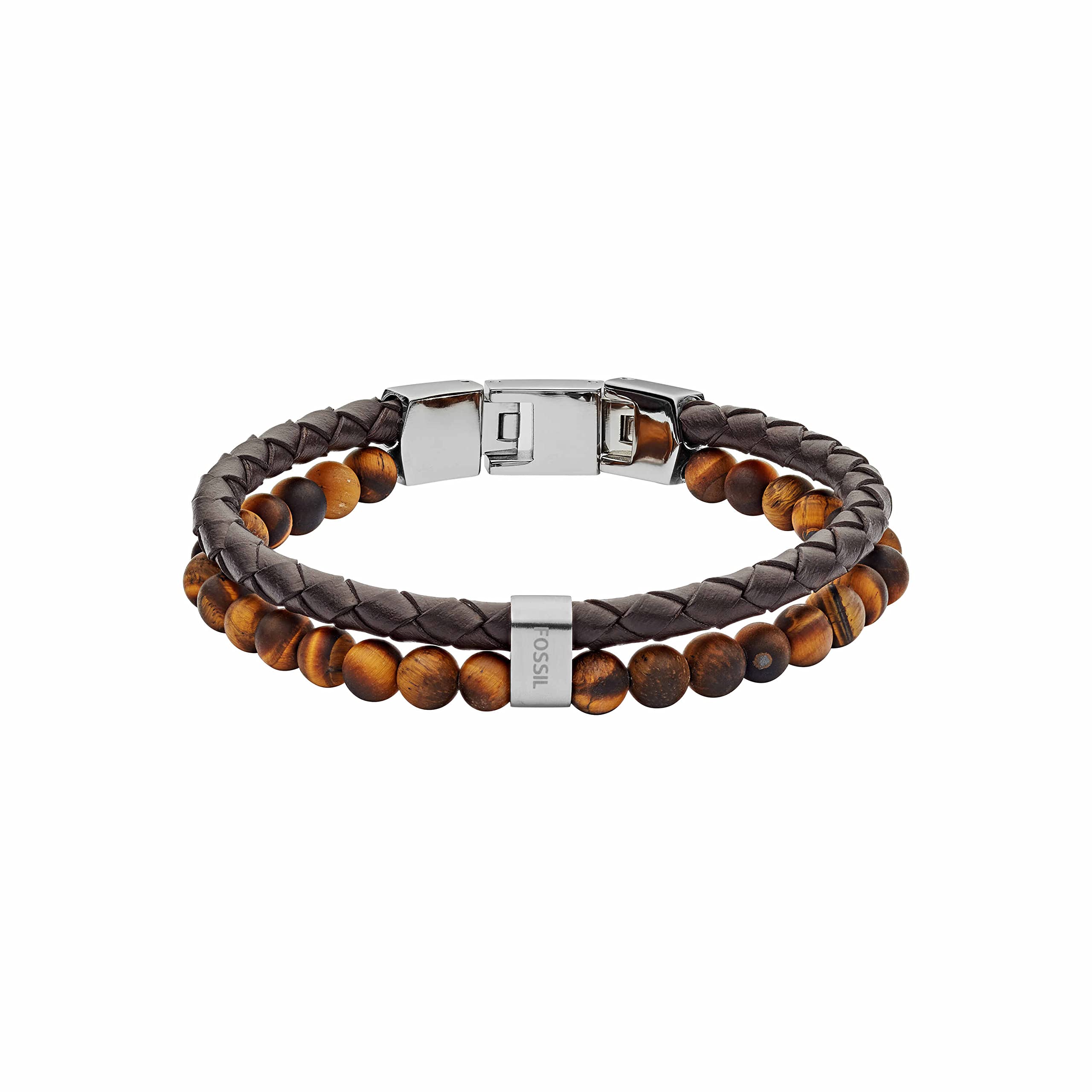 Fossil Men's Leather and Beaded Bracelet, Color: Tigers Eye/Brown (Model: JF03118040)
