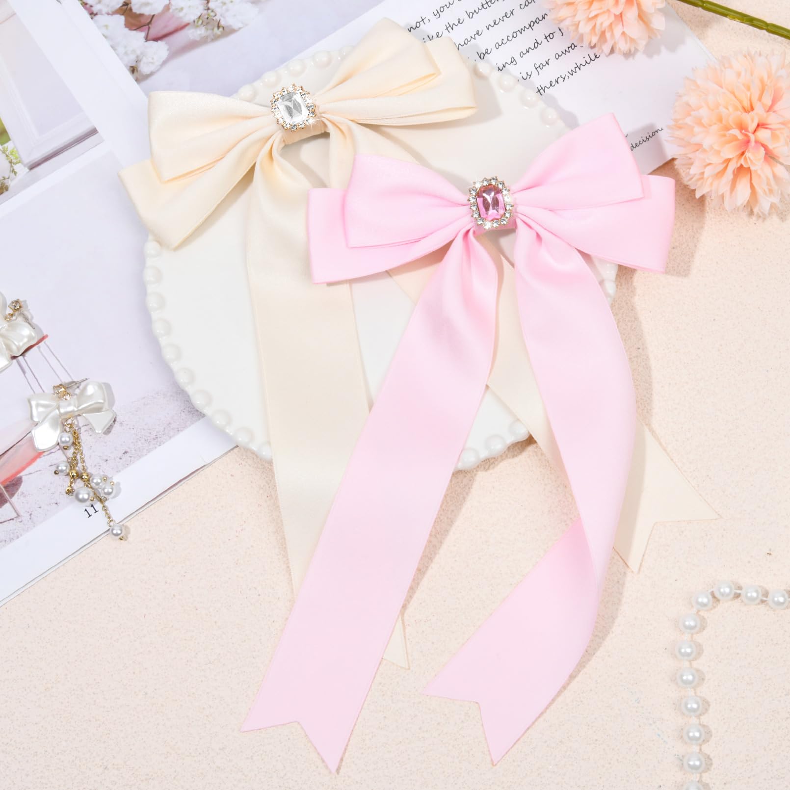 2Pcs Hair Bows For Women Hair Clip Beige Pink Hair Ribbon Rhinestone Hair Accessories Glitter Bowknot Long Hair Barrettes For Wo