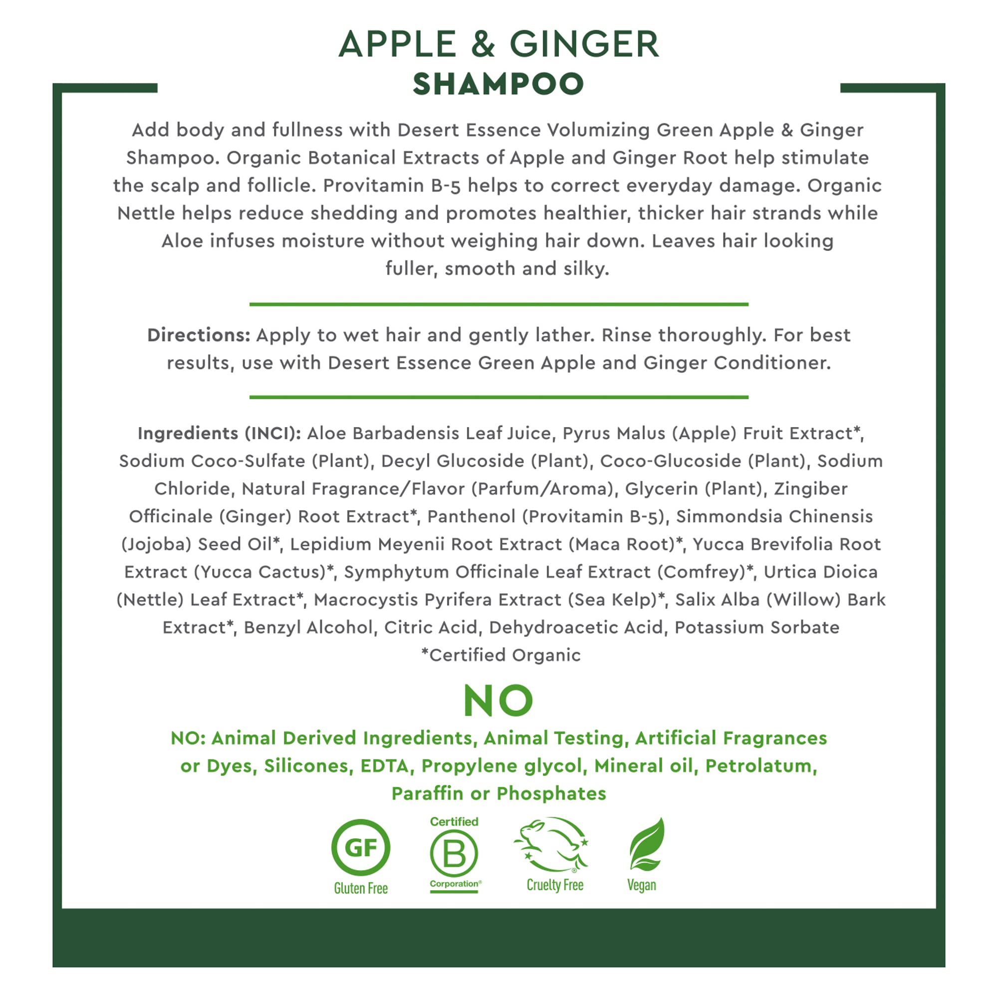 Desert Essence Green Apple & Ginger Shampoo - 8 Fl Ounce - Pack of 2 - Adds Volume, Strength & Shine - Moisturizer & Revitalizin