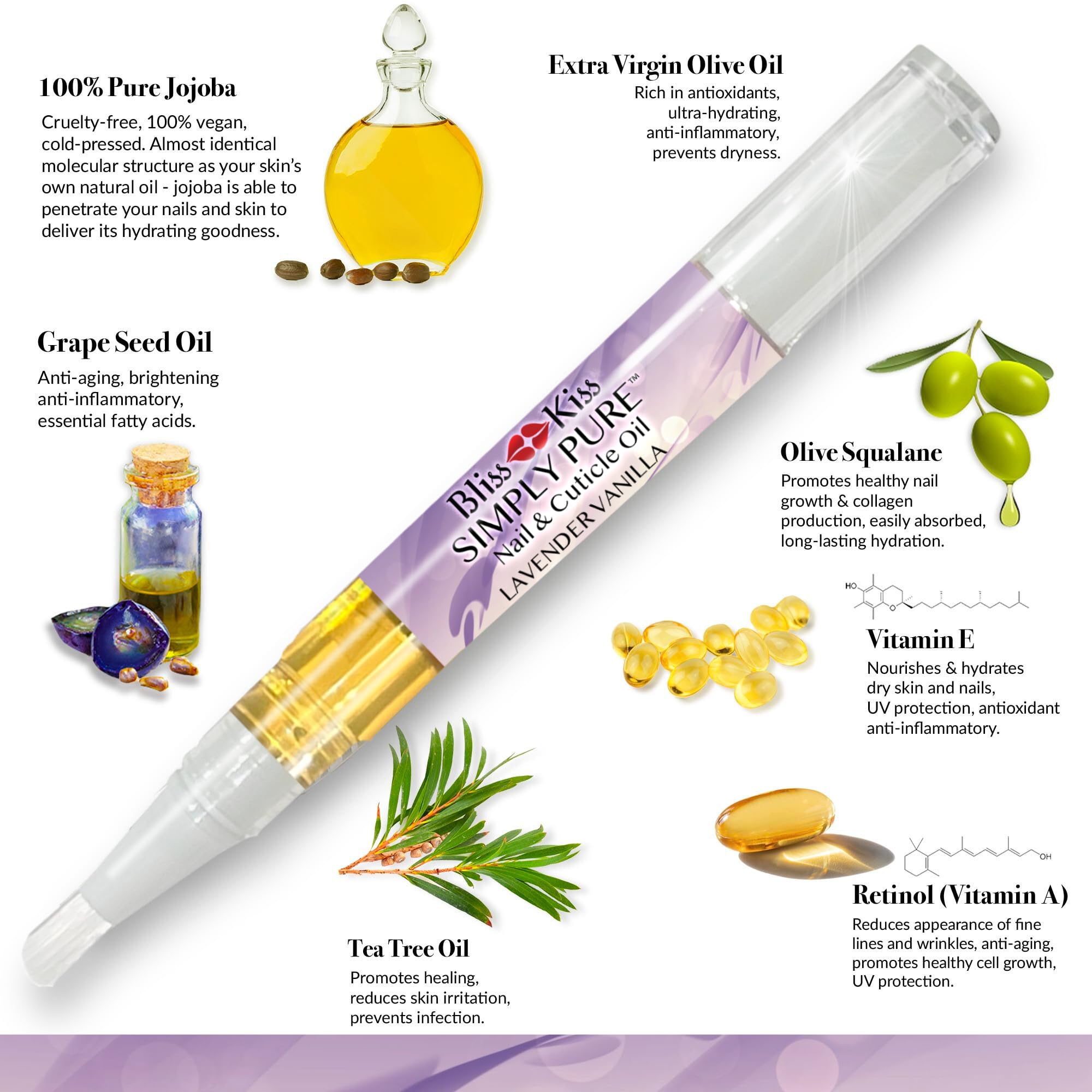 Bliss Kiss Lavender Vanilla Nail Oil Cuticle Pen - 0.07 Fl Oz - Strengthens Brittle Nails - Purple